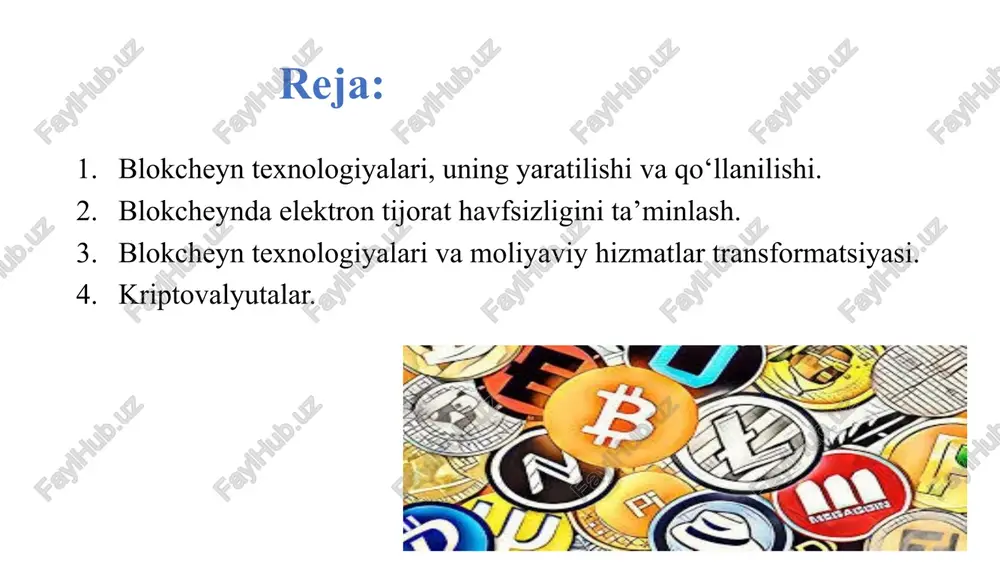 vaqtning o‘zida saqlanuvchi taqsimlangan ma’lumotlar bazasidir. uning nega kerakligini misol yordamida tushuntirish osonroq. aqsh dagi akangizga bank jo‘natmalari orqali 100 dollar yubordingiz deb tasavvur qiling. jo‘natma shaklini to‘ldirganingizdan so‘ng, bank xodimi shahsiy hisobingizdan pulni yechib olib, uni halqaro o‘tkazmalar uchun bankning yagona hisobiga o‘tkazadi. shundan so‘ng, boshqa xodim bu pullarni agent bankning hisobiga o‘tkazadi, u esa, o‘z navbatida, pullarni aqsh ga o‘tkazadi. u yerda o‘tkazmangiz aynan shu tahlit akangizning shaxsiy hisobiga tushadi. jo‘natma davomida hech kim xatoga yo‘l qo‘ymagan bo‘lsa, uch kun o‘tib akangiz 97 dollarni oladi (barcha banklarning komissionlari olinganidan so‘ng, albatta). biroq eng qo‘rqinchlisi, shu uch kun ichida na siz, va na sizning akangiz, qolaversa, bankirlardan hech biri ayni vaqtda pullaringiz qayerda ekanligini va ularning hisobini kim yuritayotganligini bilmaydi.. 7 kriptovalyutalar – elektron tijoratning aktivi sifatida. virtual (raqamli/elektron) valyuta moddiy timsolda mujassam bo‘lmagan, ammo to‘laqonli pul belgisi sifatida foydalanish mumkin bo‘lgan pul mablag‘laridir. kriptovalyuta – kriptografik algoritmlarni maxsus …