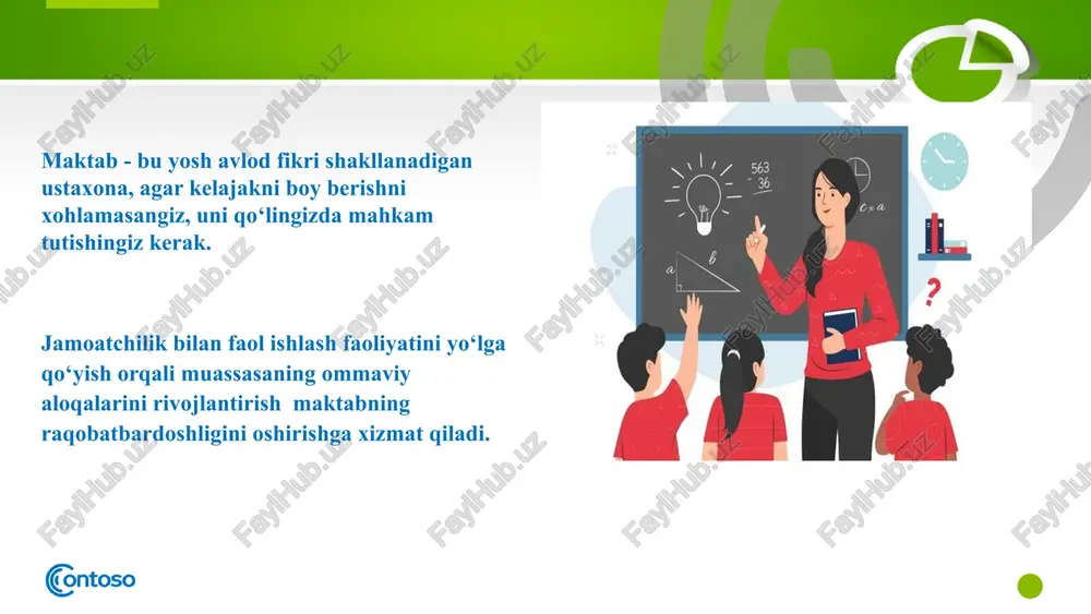 /onlinedu.uz 6 www.natlib.uz 7 https://lex.uz mavzuga oid adabiyotlar adizova. t.m. “boshqaruv muloqoti psixologiyasi” –toshkent 2000 usmanova.a “maktab imidjini shakllantirish mexanizmlari” o‘quv qo‘llanma : toshkent 2023 4 shlayxer.a“jahon miqyosidagi ta’lim” toshkent zamin 2022 maqsad maktabning jamoatchilik bilan aloqalarini (pr) xizmatini yo‘lga qo‘yish orqali ta’lim-tarbiya jarayonini yanada sifatli va samarali oshirish. vazifalar 1 3 2 4 ochiq eshiklar kuni, muloqot yig‘ilishlari, konferensiyalar va boshqa madaniy-tarbiyaviy tadbirlar orqali jamoatchilik bilan bevosita aloqalarni rivojlantirish , maktabning faoliyatini keng jamoatchilikka namoyish etish samarali va doimiy aloqani ta’minlash uchun ota-onalar, mahalla vakillari, mahalliy tashkilotlar va tadbirkorlar bilan muloqot uchun turli kommunikatsiya kanallarini (ijtimoiy tarmoqlar orqali) yo‘lga qo‘yish amalga oshirilayotgan chora- tadbirlar samaradorligini doimiy nazorat qilib borish, jamoatchilik fikr- mulohazalarini inobatga olish va takomillashtirib borish maktabning uzoq muddatli strategiyalarini ishlab chiqish, aniq maqsadlar belgilashi va ushbu maqsadlarga erishish uchun rejalar tuzish shvetsiyada maktab rahbarlari mahalliy fuqarolar, ota-onalar va jamoatchilik tashkilotlari bilan birgalikda qarorlar qabul qiladi. maktablar veb-sayt …