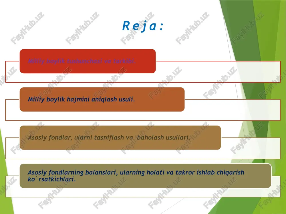 sodiy aktivlar – xususiy yoki jamoa mulki bo`lib, ularga egalik qilish yoki ulardan foydalanish natijasida mulk egalari iqtisodiy jihatdan manfaatdor bo`lishlari mumkin. har bir iqtisodiyot aktiv qiymatga ega bo`lib, vaqt o`tishi bilan uning qiymati o`zgaradi. har xil aktivlar o`z egasiga har xil manfaat keltiradi imorat, mashina, uskunalar ishlab chiqarish jarayonida foydalanishdan daromad keltiradi moliyaviy aktivlar va er o`z egalariga mulkdan olingan daromad sifatida manfaat keltiradi har qaysi aktivga qiymat zahirasi sifatida ega bo`lishdan olingan manfaat yoki uni hoxlagan vaqtda sotib yuborishi mumkin milliy hisoblar tizimida iqtisodiy aktivlarni tasniflash www.arxiv.uz asosiy kapital – ishlab chiqarish jarayonida yaratilgan milliy boylikni bir qismi uni natural – mulk holatini uzoq muddat davomida o`zgartirishdan iqtisodiyotda foydalaniladi va o`z qiymatini tayyor mahsulot va xizmatlarga asta sekin o`tkazaboradi asosiy kapital material va nomaterial qismlarga bo`linadi. material asosiy kapitalga yashaydigan va mamlakatdagi bino va inshootlar, mashina va uskunalar, transport vositalari, parvarish qilinadigan tabiiy aktivlar (ishchi mahsuldor mollar, mevali …