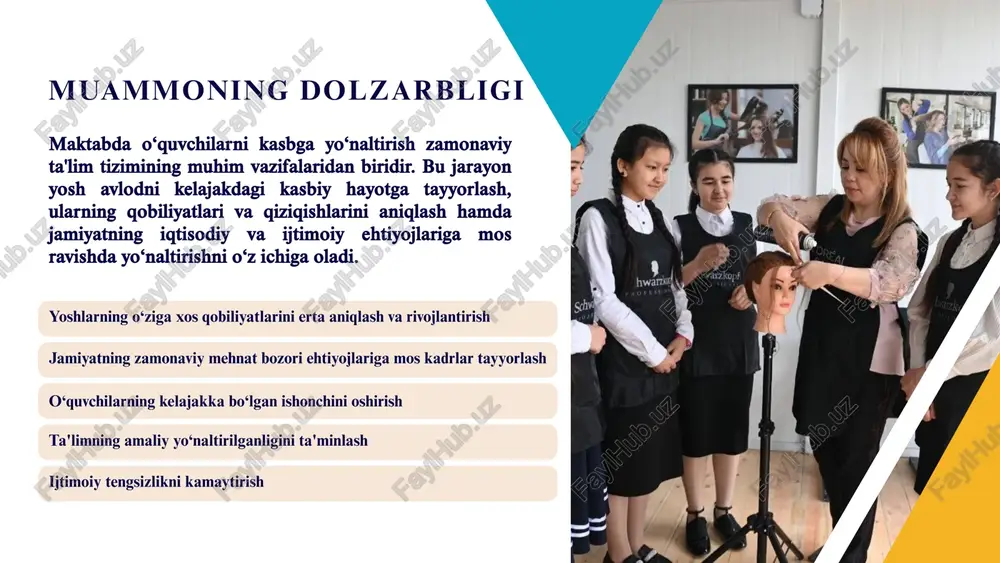 iziqishlarini aniqlash hamda jamiyatning mehnat bozori ehtiyojlariga mos ravishda yo‘naltirishdan iborat. vazifa o‘quvchilarning qobiliyatlari va qiziqishlarini aniqlash kasbiy bilim va ko‘nikmalarga dastlabki tayyorgarlikni ta’minlash jamiyatning mehnat bozori ehtiyojlariga mos kadrlar tayyorlashga ko‘maklashish o‘quvchilarda kasb tanlash bo‘yicha ongli yondashuvni shakllantirish kasbiy yo‘naltirishda teng imkoniyatlarni ta’minlash xorijiy tajribalarni o‘rganilganligi janubiy koreya janubiy koreyada maktab o‘quvchilarini kasbga yo‘naltirish ta’lim tizimining markaziy qismlaridan biridir. bu davlatda kasbiy ta’lim maktabning o‘rta bosqichidan boshlab tashkil etiladi. janubiy koreya tajribasining muhim jihati shundaki, ta’lim tizimi hukumatning iqtisodiy strategiyasi bilan chambarchas bog‘liq. kanada kanadada maktab o‘quvchilarini kasbga yo‘naltirish tizimi o‘quvchilarning shaxsiy rivojlanishiga va mustaqil tanlov qilish qobiliyatiga asoslanadi. bu davlatda o‘rta maktablar (9-12-sinflar) davomida “karyera va hayotni rejalashtirish” deb nomlangan maxsus kurslar mavjud. singapur singapurda maktab o‘quvchilarini kasbga yo‘naltirish tizimi davlatning iqtisodiy rivojlanish strategiyasiga moslashtirilgan va erta yoshdan boshlab qobiliyatlarni aniqlashga asoslanadi. bu davlatda “amaliy ta’lim” dasturi mavjud bo‘lib, u o‘quvchilarga maktab davrida real hayot muammolarini hal qilish …
