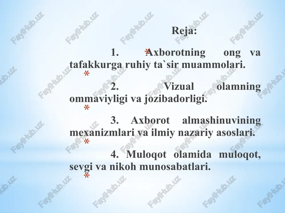 sh vositasi sifatida qarayotganidan dalolatdir. yulduzlar hayoti, kino olami, tanishuv, pornografiyaga oid saytlar, mohiyati zo`ravonlikka, tajovuzkorlikka asoslangan o`yinlar hali shaxs sifatida shakllanib ulgurmagan bolalarimizni, yoshlarimizni virtual olam domiga tortib ketayotganiga qo`l qovushtirib qarab turmasligimiz lozim. ilmiy saytga kirib, kerakli manbani o`qib turgan paytingizda asosan tanishuv yoki pornografik saytlar reklamasi ekranda paydo bo`ladi. ruhiy boshqarish quvvatiga ega bu reklamalarga e`tibor qaratish, ortiqcha informatsiyalar ortidan quvish inson resurslarini behuda sarflash demakdir. ayrim kompyuter o`yinlari inson ruhiyatida sadizmga moyillikni uyg`otadi. axborot makonida nosog`lom manfaatlar, ziddiyat va qarama-qarshiliklar ta`siridagi agressiv axborotlarning (o`z joniga qasd qilishning oson yo`llarini targ`ib qiluvchi 9 ming, erotik mazmunga ega 4 mingdan ziyod saytlar, kompyuter o`yinlari zo`ravonlik va yovuzlik, o`ta jangari ruhdagi beshafqat urushlar, o`ldirishlar, otishmalar, portlatishlar va hokazo ularning juda ko`p nafari ijtimoiy tarmoqlar ya`ni (odnoklassniki.ru, fasebook, moy mir, vkontakte.ru) saytlarining doimiy foydalanuvchilari sanaladi. tan olish kerakki, o`zbekistondagi doira.uz, vsetut.uz, odnoklassniki.uz, sinfdosh.uz, muloqot.uz, olam.uz kabi jami saytlarda ro`yxatdan o`tganlar …