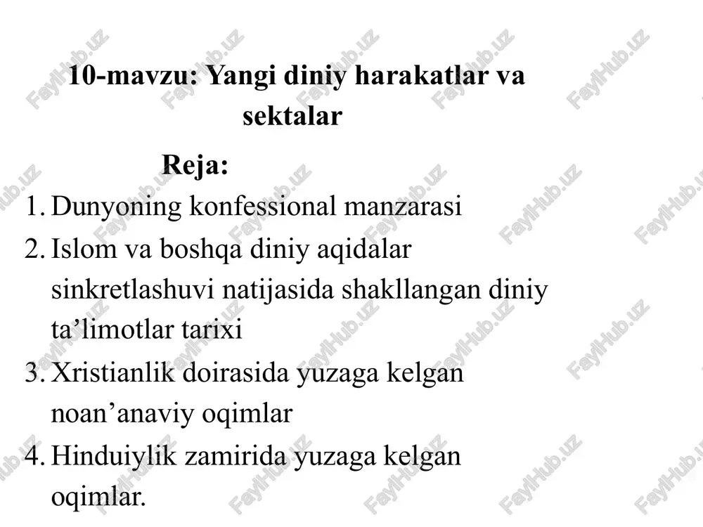 xsus ongni boshqarish va manqurtlashtirish uslublaridan foydalanish. 7. “xoslar” va “oddiy” odamlar uchun alohida-alohida qoidalarning mavjud bo'lishi. 8. o'z faoliyatining asl maqsadi va oqibatlarini yashirish. 9. qat'iy ichki ierarxiya. 10. o'z a'zolarining boshqalardan ustun, mumtoz ekani haqidagi ta'limot. 11. an'anaviy dinlar, milliy- ma'naviy qadriyatlarga keskin munosabatda bo'lish va inkor qilish. 12. maxsus, boshqalarga tushunarsiz bo'lgan terminlar (ibodat tili)ning ishlatilishi. 13. o'z mol-mulki va daromadini sekta ixtiyoriga topshirishni targ'ib qilish. 14. oxirzamon haqidagi suhbatlarning ko'pligi. sektaga qanday jalb qilinadi? shirin so'zlar maqtovlarga tashlash. bunda a'zolari sizni va ko'mib sekta qattiq sevishlari, ular uchun muhim ekan-ingiz, siz xudoning nazari tushgan odamligingizni uqtirishga qiladilar. harakat tanqidiy qobiliyatingizni fikrlash sizni so'ndirish. ne'matlar, ilohiy ruhiy osoyishtalikka erishish uchun bir qancha bajarishingiz ishontirishadi. ohangdagi mashqlarni lozim-ligiga bir qo'shiqlarni kuylash, meditatsiya oxir- oqibat mustaqil fikrlashni passivlashtiradi va buyruq- larni so'zsiz bajaradigan robotga aylantiradi. guruh ichidagi aloqalarni mustahkamlash va tashqi dunyodan uzilishga majbur qilish. bunda sizga faqat guruhdoshlaringiz …
