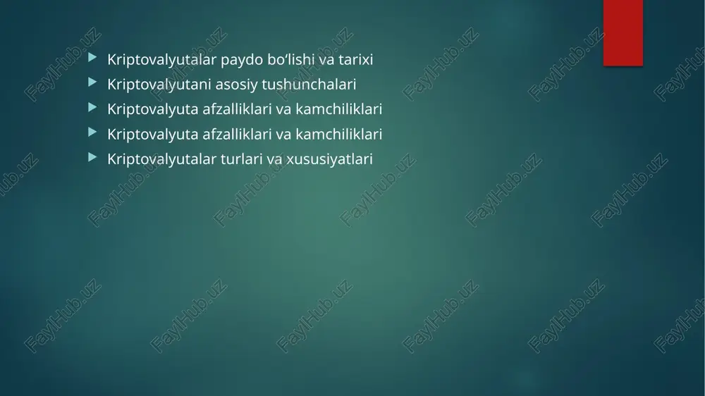 ni taqdim etish imkoniyati; raqamli valyutalarni yanada rivojlantirishda digicash to‘lov tizimi katta rol o‘ynadi. bu muqobil elektron to‘lov tarmoqlarini yaratish uchun internet kompyuterlaridan foydalanishga birinchi urinish edi. digicash to‘lov tizimi markazlashtirildi, ya’ni doimiy naqd pul ta’minoti uchun banklarga ehtiyoj bor edi. digicash to‘lov tizimining modeli bitcoin va boshqa mavjud kriptovalyutyalarni o‘z ichiga olgan keyingi loyihalarning asosini tashkil etdi. devid chaum tomonidan kriptografiya sohasidagi ishlanmalar bugungi kungacha qo‘llaniladi. u tufayli blokcheyndagi tranzaksiyalar xavfsizdir. 1997-yilda amerikalik kriptograf adam bash hashcash texnologiyasini tavsifladi. ushbu texnologiya spam bilan kurashish va dos - hujumlariga qarshi turish uchun - kompyuter tizimiga xakerlik hujumini, uni muvaffaqiyatsizlikka olib kelishi uchun, ya’ni tizimning vijdonli foydalanuvchilari taqdim etilgan tizim resurslariga (serverlariga) kira olmaydigan sharoitlarni yaratishga qaratilgan, yoki bu kirish qiyin bo‘ladi. keyinchalik, hashcash xesh-bloklar zanjiri va tranzaktsiyalarni tasdiqlash algoritmini takomillashtirdi. keyingi yillarda blokcheyn tarmog‘ining ishlashi shunga o‘xshash tamoyililar asosida qurilgan. 1998-yilda kriptograf vey day o‘zining noma’lum, tarqatilgan elektron pul tizimi …
