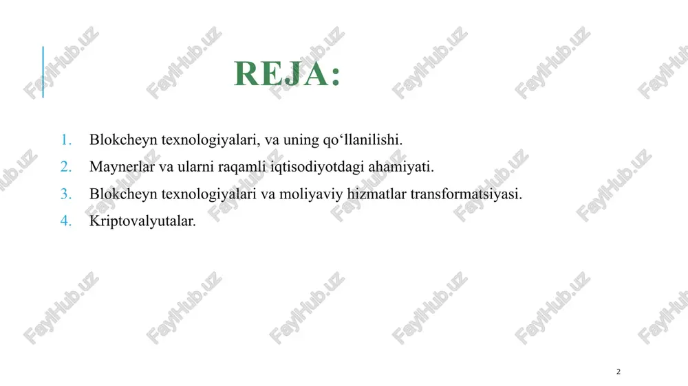 mpyuterlarda bir vaqtning o‘zida saqlanuvchi taqsimlangan ma’lumotlar bazasidir. uning nega kerakligini misol yordamida tushuntirish osonroq. aqsh dagi akangizga bank jo‘natmalari orqali 100 dollar yubordingiz deb tasavvur qiling. jo‘natma shaklini to‘ldirganingizdan so‘ng, bank xodimi shahsiy hisobingizdan pulni yechib olib, uni halqaro o‘tkazmalar uchun bankning yagona hisobiga o‘tkazadi. shundan so‘ng, boshqa xodim bu pullarni agent bankning hisobiga o‘tkazadi, u esa, o‘z navbatida, pullarni aqsh ga o‘tkazadi. u yerda o‘tkazmangiz aynan shu tahlit akangizning shaxsiy hisobiga tushadi. jo‘natma davomida hech kim xatoga yo‘l qo‘ymagan bo‘lsa, uch kun o‘tib akangiz 97 dollarni oladi (barcha banklarning komissionlari olinganidan so‘ng, albatta). biroq eng qo‘rqinchlisi, shu uch kun ichida na siz, va na sizning akangiz, qolaversa, bankirlardan hech biri ayni vaqtda pullaringiz qayerda ekanligini va ularning hisobini kim yuritayotganligini bilmaydi.. 7 kriptovalyutalar – elektron tijoratning aktivi sifatida. virtual (raqamli/elektron) valyuta moddiy timsolda mujassam bo‘lmagan, ammo to‘laqonli pul belgisi sifatida foydalanish mumkin bo‘lgan pul mablag‘laridir. kriptovalyuta – kriptografik …