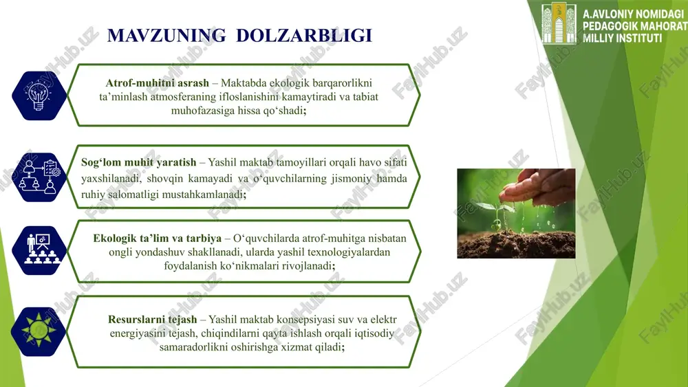 lma-xillikni saqlab qolish kabi masalalar yechimini topishdagi “kalit” bu – aholining ekologik ong va madaniyati darajasiga bevosita bogʻliq. a.r.ergashev “ekologik ta’lim: nazariya va amaliyot” o‘zbekiston milliy universiteti 2022-yil. aholining ekologik ong va madaniyatini koʻtarishning eng samarali vositalaridan biri ekologik taʼlim-tarbiyani maktabgacha taʼlim yoshdagi bolalardan boshlash kerak ekan. e.i.efimova, i.n.kondrashova, u.halbach ekologik ta’lim va tarbiyada xorijiy tajriba- turli darajadagi kasbiy ta’lim muassasalarida ekolog mutaxassislarni tayyorlashning turli yo‘nalishlarini tahlili va ilmiy-amaliy ishlanmalarni yaratishga harakat qilmoqdalar. mavzuga oid mahalliy va xorijiy adabiyotlar tahlili a.m.saidov o‘zbekistonda yashil faoliyatlar va ularning rivojlanishi. ta’lim va ekologiya - 2023 yil “aholining ekologik ong va madaniyatini yuksaltirish davlat dasturi”ga mos tushadi. faqatgina bunda maktabdagi taʼlimning oʻziga xos tomonlarini inobatga olgan tarzda uni maxsus bob yoki boʻlinma sifatida aks ettirish kerak boʻladi. maktabda yashil faoliyatni joriy etish orqali o‘quvchilarda ekologik madaniyat va mas’uliyatni shakllantirish, atrof-muhitni muhofaza qilish bo‘yicha amaliy ko‘nikmalarni rivojlantirish, sog‘lom va barqaror ta’lim muhitini yaratish hamda tabiiy …