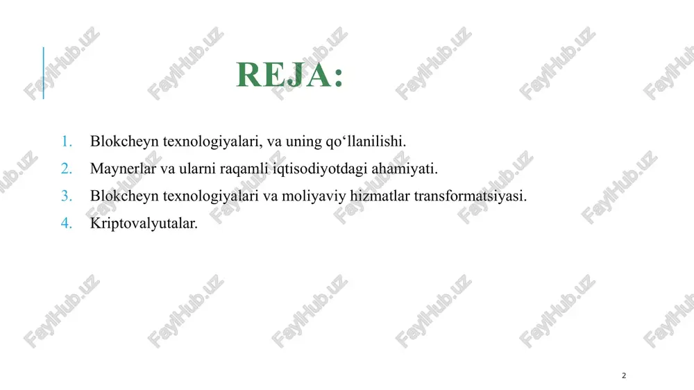 saqlanuvchi taqsimlangan ma’lumotlar bazasidir. uning nega kerakligini misol yordamida tushuntirish osonroq. aqsh dagi akangizga bank jo‘natmalari orqali 100 dollar yubordingiz deb tasavvur qiling. jo‘natma shaklini to‘ldirganingizdan so‘ng, bank xodimi shahsiy hisobingizdan pulni yechib olib, uni halqaro o‘tkazmalar uchun bankning yagona hisobiga o‘tkazadi. shundan so‘ng, boshqa xodim bu pullarni agent bankning hisobiga o‘tkazadi, u esa, o‘z navbatida, pullarni aqsh ga o‘tkazadi. u yerda o‘tkazmangiz aynan shu tahlit akangizning shaxsiy hisobiga tushadi. jo‘natma davomida hech kim xatoga yo‘l qo‘ymagan bo‘lsa, uch kun o‘tib akangiz 97 dollarni oladi (barcha banklarning komissionlari olinganidan so‘ng, albatta). biroq eng qo‘rqinchlisi, shu uch kun ichida na siz, va na sizning akangiz, qolaversa, bankirlardan hech biri ayni vaqtda pullaringiz qayerda ekanligini va ularning hisobini kim yuritayotganligini bilmaydi.. 7 kriptovalyutalar – elektron tijoratning aktivi sifatida. virtual (raqamli/elektron) valyuta moddiy timsolda mujassam bo‘lmagan, ammo to‘laqonli pul belgisi sifatida foydalanish mumkin bo‘lgan pul mablag‘laridir. kriptovalyuta – kriptografik algoritmlarni maxsus ko‘rinishlarda qo‘llashga …