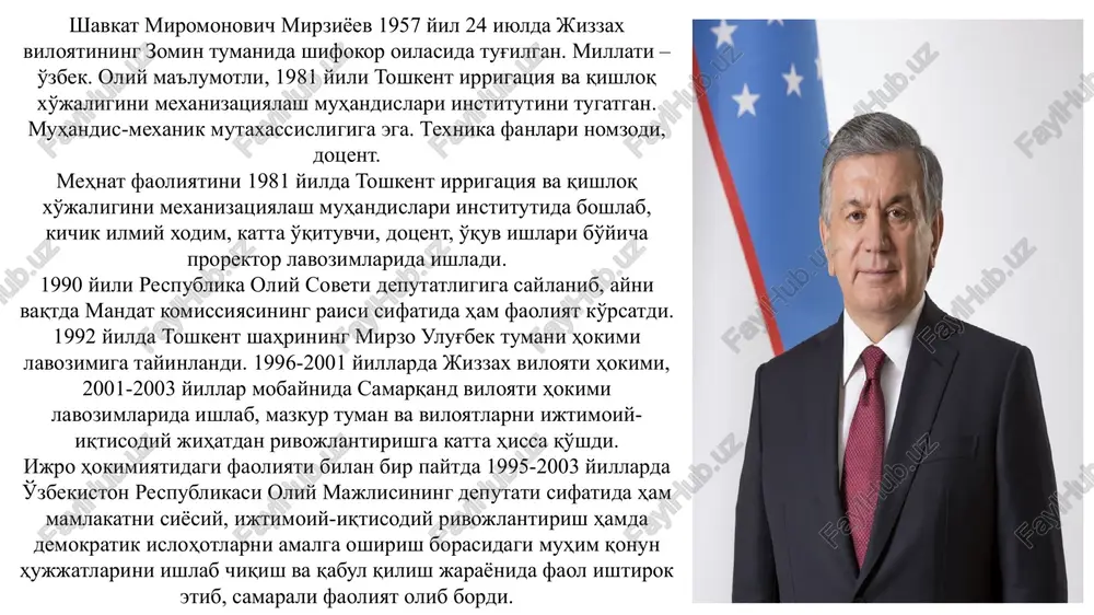 2010, 2015 yillarda oliy majlis palatalari tomonidan qayta tasdiqlandi. sh.m.mirziyoev mamlakatimiz mustaqillikka erishgan ilk yillardan boshlab o'zbekiston respublikasining birinchi prezidenti islom karimovning yuksak ishonchini qozonib, uning yaqin safdoshi va maslahatdoshi sifatida samarali faoliyat olib bormoqda. sh.m.mirziyoev hukumat boshlig'i sifatida keng ko'lamli ijtimoiy-iqtisodiy islohotlarni amalga oshirish, mamlakatimizni modernizatsiya qilish va yangilash, yirik va noyob loyihalarni hayotga joriy etish, xususiy mulkni ustuvor darajada rivojlantirish, iqtisodiyotda kichik biznes va xususiy tadbirkorlikning ulushini keskin oshirish hamda ularning huquqiy himoyasini yanada mustahkamlashda o'zining yuksak salohiyati va mohir tashkilotchilik qobiliyatini namoyon etdi. mamlakat iqtisodiyotini industrial rivojlantirish, respublikaning eksport salohiyatini oshirish, agrar sohani tubdan isloh qilish, ayniqsa, fermerlik harakatini taraqqiy toptirish, qishloq xo'jaligi mahsulotlarini chuqur qayta ishlash, respublikada oziq-ovqat xavfsizligini ta'minlash va aholini kafolatlangan va arzon mahsulotlar bilan ta'minlash ishlariga ustuvor darajada e'tibor qaratdi. yurtimizning barcha hududlarida ulkan bunyodkorlik va obodonchilik ishlarini olib borish, aholiga sifatli kommunal xizmat ko'rsatish, respublikaning shahar va tumanlari, ayniqsa, uzoq qishloq tumanlarini …