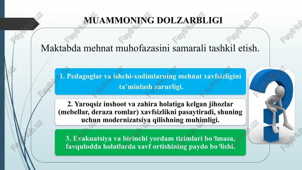 tabda xavfsiz muhitni shakillantirish, ta’lim olish uchun xavfsiz xar tomonlama ishonchli muhitni yaratish, mehnat qonunchiligi va gigiyena talablarga amal qilish ko‘nikmasini shakillantish, chora-tadbirlarini ishlab chiqish va muammolarin bartaraf etish. vazifalar o‘qituvchilar, xodimlar va o‘quvchilarga xavfsizlik qoidalari bo‘yicha o’quv mashg‘ulotlarini tashkil etish va maxsus sertifikatlar olish; modernizatsiya ishlarini bosqichma-bosqich amalga oshirish, avvalo eng yuqori xavf tug‘diradigan manzillarni yangilab, maktab binosi va jihozlarining texnik holatini muntazam ravishda tekshirish; favqulodda vaziyatlarda qanday harakat qilishni tushuntirib evakuatsiya rejalarini ishlab chiqish va amaliyotga tadbiq etish; muammo yuzasidan xorijiy tajribalarni o‘rganilganligi xitoyda mehnat muhofazasi ta’lim tizimi darajasida ham davlat siyosati sifatida mustahkamlangan. maktablarda xavfsizlik va sog‘liqni saqlash bo‘yicha qat’iy qoidalar ishlab chiqilgan va doimiy ravishda yangilanadi. har bir maktab mehnat muhofazasi bo‘yicha mas’ul xodim tayinlaydi. yaponiyada maktablarda mehnat muhofazasiga juda katta e’tibor qaratiladi. avvalo, maktab infratuzilmasi yuqori xavfsizlik talablariga mos ravishda quriladi: zilzilabardosh binolar, yong‘inga chidamli materiallardan foydalanish, barcha joylarda xavfsizlik belgilarining mavjudligi va muntazam ravishda …