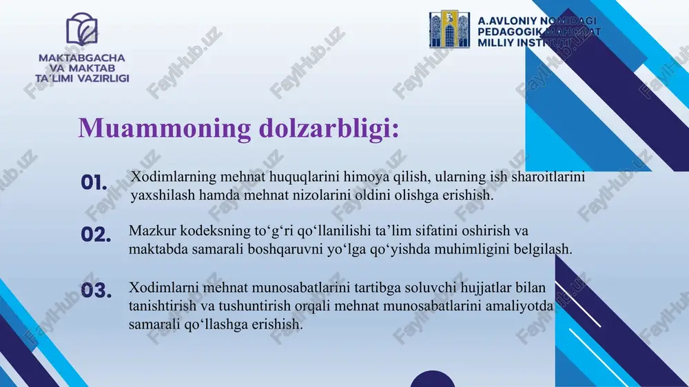 lari asosida maktabning ichki hujjatlarini mazkur kodeksga moslashtirish. ish beruvchi va xodimlar o‘rtasida mehnat munosabatlarini qonuniy tartibga solish uchun ularning huquqiy savodxonligini yanada oshirish. mehnat munosabatlarini qonuniy tartibga solish uchun shaffof va adolatli ish yuritish tartibi mehanizmini ishlab chiqish. 1 3 2 muammo yuzasidan xorijiy tajribalar o‘rganilganligi: germaniya finlyandiya ta’lim tizimi o‘qituvchilarning ish yuklamasi haftasiga o‘rtacha 32-35 soatlik ish vaqti belgilangan. pedagoglarning ma’lum qismi darsdan tashqari ilmiy tadqiqot va metodik ishlarga jalb etiladi germaniyada o‘qituvchilarning mehnat shartnomalari qat’iy tartibga solingan bo‘lib, ular lavozimiga qarab darajali maosh tizimi asosida rag‘batlantiriladi. pedagoglarning ish hajmi ortib ketsa, ularga qo‘shimcha to‘lovlar yoki ish vaqtidan qisqartirish beriladi. finlandiya janubiy koreya janubiy koreyada mehnat muhofazasi juda qat’iy tartibga solingan bo‘lib, maktablarda xavfsizlik bo‘yicha maxsus inspektorlar faoliyat yuritadi. har yili barcha maktablar mehnat sharoitlari va xavfsizlik bo‘yicha davlat inspeksiyasi tomonidan nazorat qilinadi qiyosiy tahlil: in 1 year amalda (o‘zbekistonda) amalda (xorijda) taklif mehnat kodeksiga doimiy ravishda o`zgartirish …