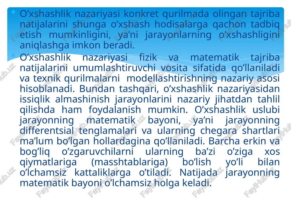 evosita ob’ektning o’zida yoki uning modelida amalga oshirish mumkin. model va unda kechayotgan jarayon qanoatlantirishi kerak bo’lgan shartlarni o’xshashlik teoremasi beradi. o’xshashlik nazariyasini tajribalarga qo’llash imkoniyatlari nihoyatda kattadir. fizik hodisalarning o’xshashlik nazariyasi asosi uchta o’xshashlik teoremasidan iborat. birinchi va ikkinchi teoremalarda o’xshashliklari oldindan ma’lum bo’lgan hodisalar haqida gapirilib, shu o’xshash hodisalarning asosiy xossalariga ta’rif beriladi. uchinchi teorema esa, hodisalarni bir-biriga o’xshashligini aniqlashga imkon beruvchi xususiyatlarni belgilaydi. ikki suyuqlikning o’xshash oqimi uchun birinchi o’xshashlik teoremasi i. nyuton tomonidan 1686 yili aytib o’tilgan bo’lsada, ushbu teorema faqat 1848 yili j. bertran tomonidan isbotlangan. birinchi teoremaga quyidagicha ta’rif berish mumkin: o’xshash hodisalarning o’xshash sonlarining qiymati bir xil. ikkinchi o’xshashlik teoremasi 1911 yili rus olimi a. federman va 1914 yili amerikalik olim ye. bukingem tomonidan isbotlangan. ikkinchi teoremaga quyidagicha ta’rif berish mumkin: agar fizik hodisa differentsial tenglamalar tizimi bilan tavsiflansa, u holda ularning o’xshashlik (kriterial) tenglamalari bilan ifodalash imkoniyati har doim mavjuddir. uchinchi o’xshashlik …