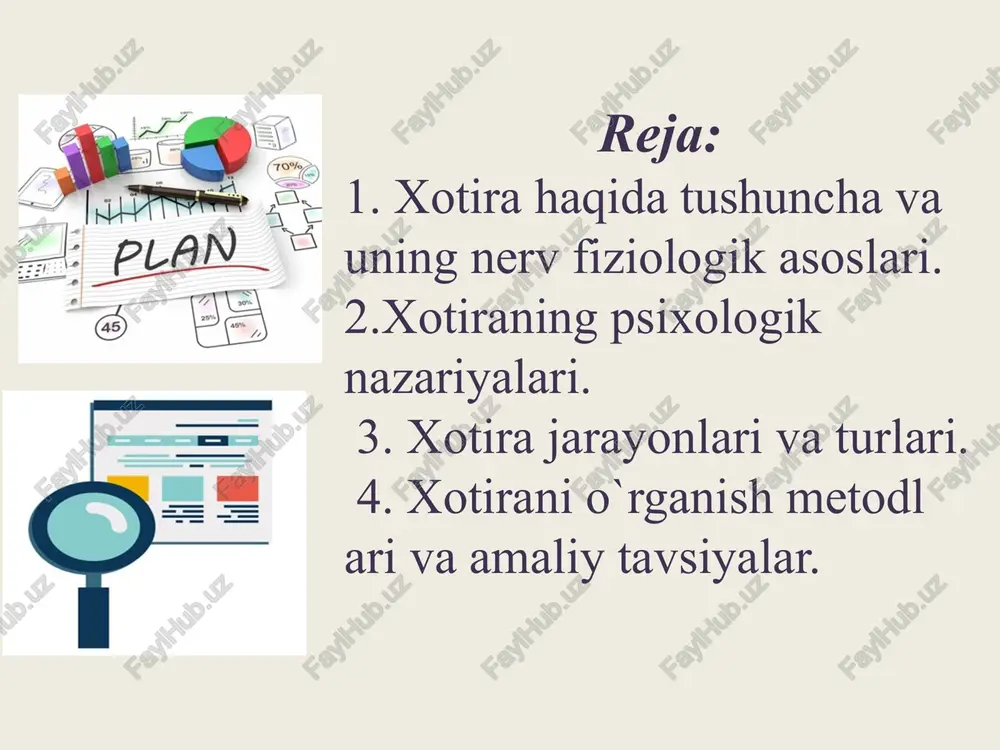 esda olib qolingan narsa va hodisalar keyinchalik yanglish esga tushiriladi. ixtiyoriy esda qoldirish ko'zda tutilgan maqsadga muvofiq tanlangan materialni esda qoldirishdir. kishi ixtiyoriy esda qoldirish uchun esda saqlashning maxsus usullarini saqlagan holda materialni puxta esda qoldirish uchun o’zining kerakli kuchini sarf qiladi. ammo mexanik esda saqlanishni ma'noli esda saqlash bilan qo’llanilishi foydalidir. xotira turlari 1 psixik faolligig a ko’ra: ixtiyoriy va ixtiyorsiz xotira. 2 faoliyat maqsadiga ko’ra: harakat, emotsional, obraz va so ’z-mantiq xotirasi. 3 muddatiga k o’ra: uzoq muddatli, qisqa muddatli va operativ xotira harakat hotirasi– inson faoliyatining har bir turida ruhiy faollikning u yoki bu ko'rinishlarini ustunlik qilishida kuzatiladi. his- tuyg`u yoki hissiyot hotirasi–bu hotira his-tuyg’ular, ruhiy kechinmalar, hissiyotlar, ehtiyojlarimiz va qiziqishlarimiz qanday qondirilayotganligidan, atrofimizdagi narsa va hodisalarning hususiyatiga nisbatan munosabatimiz qay tarzda amalga oshirilayotganligidan doimo habar berib turish imkoniyatiga ega. obrazli hotira – yaqqol mazmunni, binobarin, narsa, hodisalarning aniq obrazlarini, ularning hususiyatlari va bog`lanishlarini esda qoldirish, ongda …