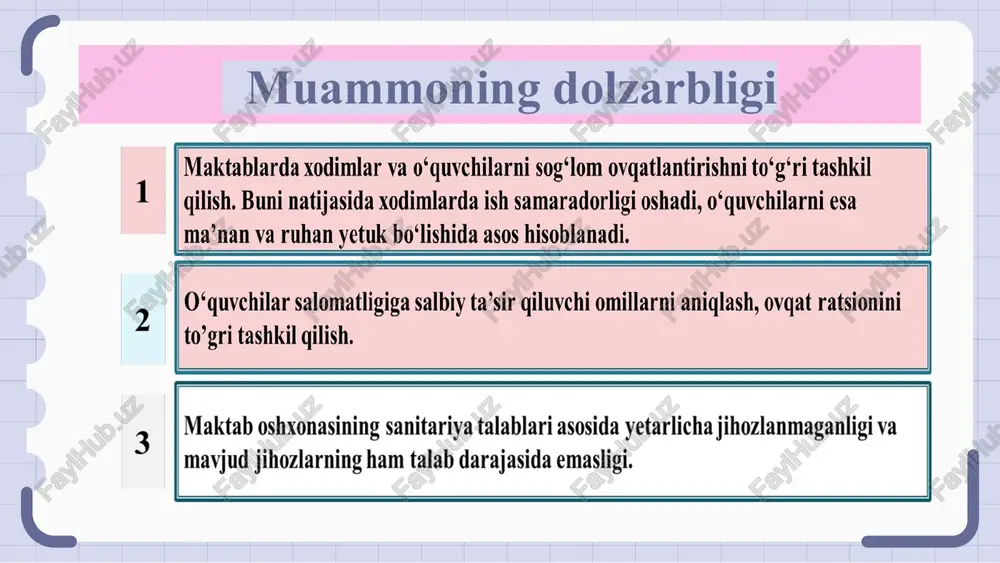 ga solinadi. xulosa qilib aytganda, sog’lom avlodni tarbiyalashda to’g’ri ovqatlanishning ahamiyati benihoya kattadir. bugungi kunda sog‘lom ovqatlanish tartibiga o‘tish bu o‘z-o‘zini rivojlantirish,o‘zi-o‘zini o‘qitish,g‘amxo‘rlik va o‘z hayotingizga kirgiziladigan shaxsiy investitsiya hisoblanadi.istemol qilingan ozuqa organ to‘qimalarni hosil qiladi va o‘z-o‘zidan organizmda bo‘ladigan barcha jarayonlarga ta’sir qiladi.jumladan aqliy faoliyatimizga ham.axir bizning jismoniy faoliyatimiz bizning kayfiyatimizda ham aks etadi. sog‘lom ovqatlanish – bu katta fan bo‘lib,uning qoidalari qanchalik sodda jaranglamasin, insonlar o‘rganish kerak bo‘lgan ulkan bilimlar bazasi mavjud. № muammo muammoning yechimi muddati mas’ullar natija 1 maktab oshxonalarida sog‘lom va xavfsiz ovqatlarni tayyorlash. maktab oshxona va bufetlarining faoliyatini amalga oshirish autsorsing usulida joriy qilish doimiy maktab direktori, mmibdo‘ sinf rahbarlari o‘quvchi va xodimlar o‘rtasida turli kasalliklarni oldini oladi. 2 nutritsiolog,dietolog va hududdagi tibbiyot xodimlari bilan hamkorligi asosida treninglar,tadbirlar va seminarlar o‘tkazish. sog‘liqni saqlash vazirligi bilan doimiy ravishda aloqada bo‘lish. doimiy maktab direktori; tibbiyot xodimi, mmibdo‘ to‘g‘ri ovqatlanish haqida bilimlar kengayadi. 3 aksariyat maktab o‘qituvchilari …