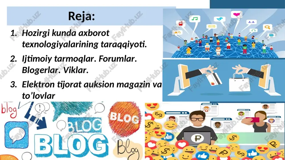 a. veb texnologiyalar prezident saylovlariga oz ta'sirini otkazmoqda, xukumatlarning va siyosiy shaxslarning iste'foga chiqishiga olib kelmoqda, xalqaro va ichki siyosat yonalishlarini belgilab bermoqda. jamiyatning madaniy hayotida keskin ozgarishlarga olib kelmoqda, bu sohada yangi shaxslarni va yonalishlarni kashf etmoqda. bularning barchasiga sabab internetdagi forumlarning ommaviylashib ketishidir. veb-forum - veb-sayt tashrif buyuruvchilarining o’zaro muloqotini tashkil etish uchun mo’ljallangan veb sayt sahifalari va uskunalari majmui. qisqacha aytganda, forum bu veb-saytning tashrif buyuruvchilari muloqot o’rnatadigan maydonchasi. bunda ixtiyoriy foydalanuvchi forum veb saytiga tashrif buyurib, o’zini qiziqtirgan mavzuni o’rtaga tashlashi va veb-saytning boshqa tashrif buyuruvchilari bilan muhokama qilishlari mumkin. bloger - blog yurituvchi shaxsdir. blog (inglizcha: web log[1] — „veb-jurnal“ soʻzidan), bu veb-saytning bir koʻrinishi boʻlib, undagi maqolalar xronologik tarzda yoziladi. aksariyat bloglarda maʼlum bir mavzuga tegishli yangilik yoki sharh chop etiladi; boshqalari esa shaxsiy onlayn kundalik sifatida xizmat koʻrsatadi. blogerlar quyidagi yonalishlarda asosan ishlashadi: bugungi kunga nisbat salbiy fikrlarni bildirish (mavjud siyoyis, iqtisodiy, ijtimoiy …