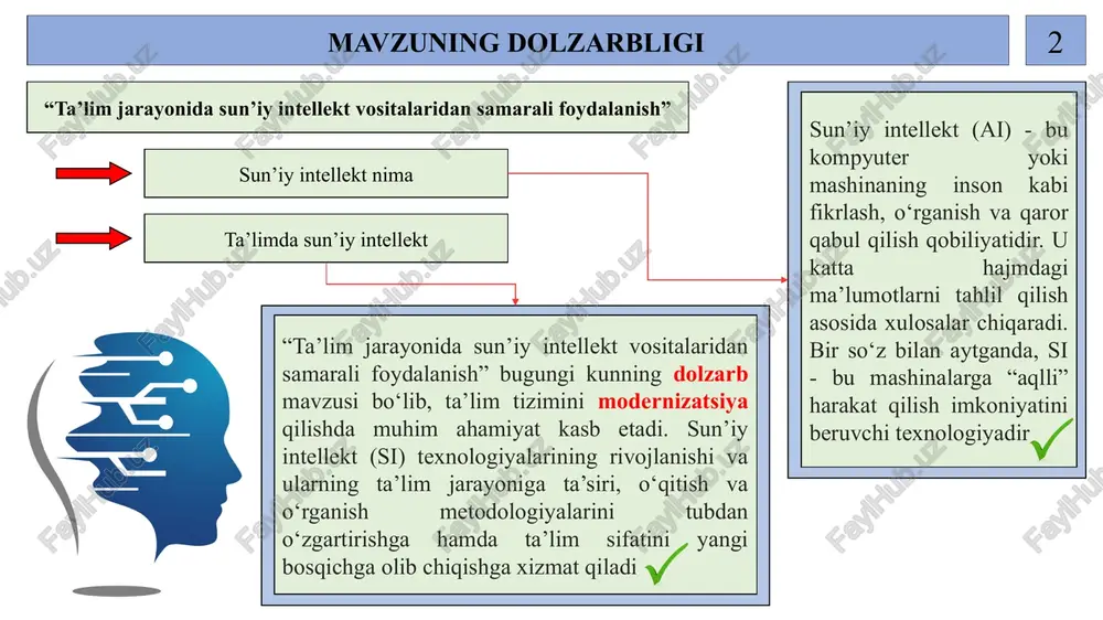 zarb vazifalaridan biridir. 4 mavzuga oid me’yoriy huquqiy hujjatlar o‘zbekiston respublikasi prezidentining 2021-yil 17-fevral pq-4996 sonli qarori “sun’iy intellekt texnologiyalarini jadal joriy etish uchun shart-sharoitlar yaratish chora-tadbirlari to‘g‘risida” “ta’lim jarayonida sun’iy intellekt vositalaridan samarali foydalanish” o‘zbekiston respublikasi prezidentining 2024-yil 14-oktabrdagi pq-358-son qarori “sun’iy intellekt texnologiyalarini 2030-yilga qadar rivojlantirish strategiyasini tasdiqlash to‘g‘risida” lex.uz o‘zbekiston respublikasi prezidenti farmoni o‘zbekiston respublikasida sun’iy intellektni rivojlantirish strategiyasi sun’iy intellektni rivojlantirishda oliy ta’lim muassasalarining o‘rni yildan-yilga ortib bormoqda. bunda dastlabki o‘rinlarda xitoy xalq respublikasi, koreya, aqsh, yaponiya va yevropa davlatlari qo‘lga kiritmoqda 5 mavzuga oid mahalliy va xorijiy adabiyotlar o.q. xatamov, “o‘rta maktablarda informatika fanini o‘qitishda sun’iy intellekt imkoniyatlaridan foydalanish” m.m. murodova, “sun’iy intellekt vositasilarining ta’lim jarayonidagi afzalliklari” b.j. atabaeva “ta’lim tizimida sun’iy intellekt texnologiyalari yordamida ta’limda masofaviy o’qitish tizimini rivojlantirish imkoniyatlari” r. nkambou, j. bourdeau, va r. mizoguchi “artificial intelligence in education” d. sleeman, j. brown “intelligent tutoring systems” w. holmes, m. bialik, ch. fadel …