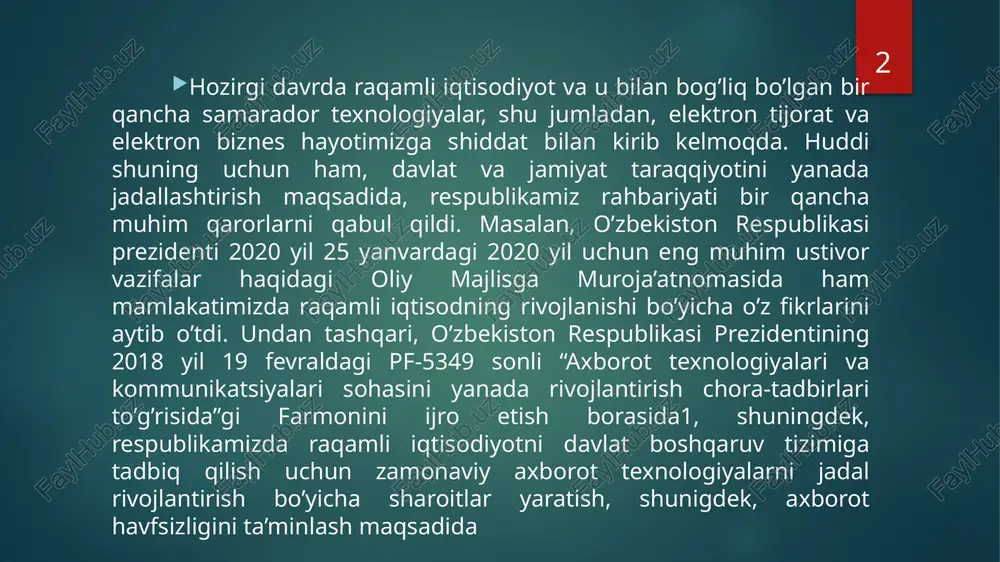 moliyalashtirish), shuningdek, blokcheyn texnologiyalarni joriy etish va rivojlantirish. 3  blokcheyn texnologiyalarni ishlab chiqarish va ulardan foydalanish sohasida amaliy ish ko’nikmalariga ega bo’lgan malakali kadrlarni tayyorlash.  raqamli iqtisodiyotni yanada rivojlantirish uchun innovatsion g’oyalar, texnologiyalar va ishlanmalarni joriy etish sohasida davlat organlari va tadbirkorlik sub’ektlarining yaqin hamkorligini ta’minlash.  kriptoaktivlar bo’yicha faoliyat va blokcheyn texnologiyalari sohasida halqaro va horijiy tashkilotlar bilan hamkorlikni har tomonlama rivojlantirish va ishlab chiqarish sohasida faoliyat ko’rsatadigan yuqori malakali horijlik mutahassislarni jalb qilish.  horij tajribasini hisobga olgan holda blokcheyn texnologiyalarini joriy etish uchun huquqiy baza yaratish . 4 yuqoridagi farmon va qarorlarning muvaffaqiyatli bajarilishi uchun raqamli iqtisodiyotning mohiyati nima va uning asosiy tushunchalari nimalardan iboratligini pishiq-puhta bilib olish talab qilinadi. ushbu qiziqarli va jozibali raqamli iqtisodiyot sohasiga sayohatimizni boshlashdan avval,axborotlashgan jamiyat va u bilan uzviy bog’liq bo’lgan bir qancha asosiy tushunchalar bilan yaqindan tanishib chiqishga harakat qilamiz. chunki shundagina ushbu o’quv qo’llanmada aks ettirilgan masala, …