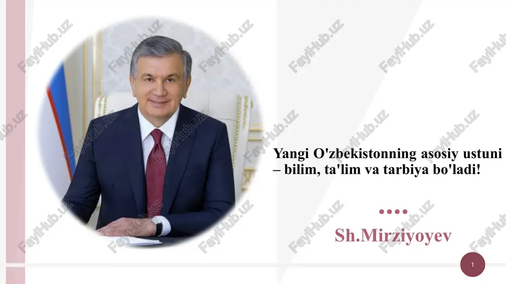 andida bo'lajak pedagoglarni pedagogik faoliyatga moyilligi va ijodkorligini aniqlash belgilab berilgan ) o'zbekiston respublikasi mmtv 248-son 2023-yil 16-avgustdagi 248-sonli mmtv tajriba-sinov maktablarida bilimni baholashning yangi tartibini joriy etish to‘g‘risida. (5-11 sinf o‘quvchilar bilimini formativ va summativ baholash) 4 ii. mavzuga oid adabiyotlar tahlili 4 qurbanova z. ta’lim sifatini oshirishga zamonaviy yondashuv “ekonomika i sotsium”. 3(94)-2022y - mardiyev a. ta’lim sifatini oshirishda muassasa raxbarining o'rni. ta’lim yangiliklari. 2023 y 12-son - po'latov sh.p. ta’lim menejmenti yoxud ta’lim tashkilotini ilmiy-metodik boshqarishga innovatsion yondashuv. toshkent. 2022 y. - qurbonov sh.e, seytxalilov e.a. ta’lim sifatini boshqarish. toshkent.2006 y/ 553b ushbu adabiyotlarni barchasi ta’lim muassasalarida o‘quv ishlari bo'yicha direktor o'rinbosarlarini ishini samarali tashkillash to'g’risida 5 lorem ipsum dolor sit amet lorem ipsum dolor sit amet, consectetuer adipiscing elit lorem ipsum dolor sit amet, consectetuer adipiscing elit iii. maqsad maktabda o 'quv ishlari bo'yicha direktor o ' rinbosari faoliyati samaradorligini oshirish 5 6 7 lorem ipsum …