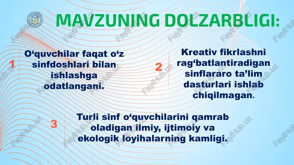 sinflar uchun qo‘shma loyihalar ishlab chiqish, mentorlik tizimini yo‘lga qo‘yish. sinflararo klublar, debatlar, ilmiy konferensiyalar tashkil etish. 4 k modeli asosida liderlik va jamoaviy faoliyatni rivojlantirish. ota-onalar, o‘quvchilar, o‘qituvchilar hamkorligida, ta’limiy va ijtimoiy loyihalarni tashkil etish. mavzu yuzasidan xorijiy davlatlar tajribalari: “fenomen ta’lim” va kooperativ o‘qitish. finlandiyada ta’lim tizimi mavzulararo va sinflararo integratsiyani qo‘llab-quvvatlaydi. "fenomen ta’lim" yondashuvi doirasida turli sinflardan o‘quvchilar bir mavzu atrofida birlashib, loyihalar ustida ishlashadi. “lesson study” va “tomodachi” tamoyili yapon maktablarida sinflararo hamkorlikni kuchaytirish uchun "lesson study" usuli keng qo‘llaniladi. katta yoshdagi o‘quvchilar kichik sinflar uchun maxsus dars yoki seminarlar tashkil qiladi. “tomodachi” (do‘stlik) tamoyili asosida sinflar o‘rtasida ijtimoiy va madaniy tadbirlar o‘tkaziladi. finlandiya yaponiya germaniya “projektarbeit” (loyiha ishlari) germaniyada maktablarda loyiha asosida ta’lim tizimi yo‘lga qo‘yilgan. o‘quvchilar: turli sinflardan iborat jamoalarda ekologiya, texnologiya yoki ijtimoiy muammolar bo‘yicha loyihalar ustida ishlaydi. shaxsiy va jamoaviy mas’uliyatni rivojlantirishga o‘rganadi. “ustoz-shogird” an’analari. yuqori sinf o‘quvchilari kichik sinflarga dars o‘tishda …