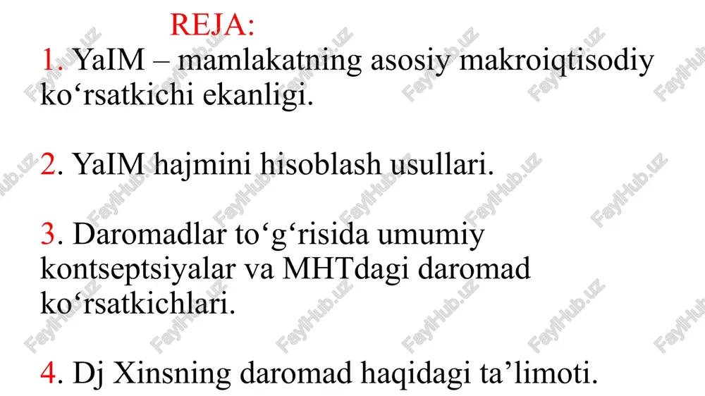 hiqarilgan yoki foydalanilgan tovarlar va xizmatlar hajmining o‘zgarishi; - tovarlar va xizmatlar bahosining o‘zgarishi (inflyatsiya yoki deflyatsiya darajasi). real yaim inflyatsiya va deflyatsiyalarni hisobga olgan holda aniqlanadi va u mamlakatning ijtimoiy-iqtisodiy rivojlanishni tahlil qilishda, amalga oshirilayotgan islohotlarning natijalarini baholashda, mamlakat iqtisodiyotini barqarorligini o‘rganishda va xalqaro solishtirishda keng qo‘llaniladi. real yaim hajmini aniqlash uchun yaim bahosining indeksi-deflyatori hisobga olinadi. masala. a - mamlakatda iqtisodiyotning asosiy tarmoqlarida ishlab chiqarilgan yalpi ichki mahsulot hajmi va oraliq iste'mol xarajatlari to'g'risida quyidagi ma'lumotlar berilgan: ko'rsatkichlar 2017 yil 2018 yil mahsulot miqdori, tonna oraliq iste'mol xarajat-lari, ming so'm yaim qiymati, ming so'm maxsulot miqdori, tonna oraliq iste'mol xarajat-lari, ming so'm yaim qiymati, ming so'm 1. sanoat mahsulotlari 25550 6050240 9471385 36540 9369600 14700928 2. qishloq xo'jaligi mahsulotlari 27454 4652480 5530180 45610 7957750 9341057 3 qurilish mahsulotlari 24000 5375260 7648805 26620 6366650 8668956 jami berilganlar asosida quyidagilarni hisoblang: 1. yaim qiymatining mutloq o'zgarishini. a) yaim qiymatining maxsulot …