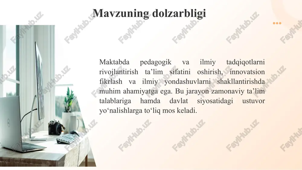 individual yondashuv asosida tashkil etilishi tarafdori bo‘lib, ilmiy tadqiqotlarning amaliy ahamiyatga ega bo‘lishini taʼkidlaydi. uning "lina" asari ilmiy-innovatsion metodlarni taʼlim jarayonida qo‘llash zaruriyatini ko‘rsatadi. platon – “davlat” (respublika) kitobi. platon o‘zining bu asarida ideal jamiyat yaratishda ta’limning roliga katta eʼtibor qaratadi. unga koʻra, ilmiy izlanishlar va ta’lim insonning mukammallikka intilishiga xizmat qilishi lozim. misol: “aqlli odam doimo ilmga chanqoq bo‘lishi lozim..” ushbu fikr maktablarda ilmiy tadqiqotlarni tashkil etishning dolzarbligini tasdiqlaydi. xorijiy adabiyotlar tahlili maqsad o‘qituvchilarning ilmiy salohiyatini oshirish, innovatsion yondashuvlarni joriy etish va o‘quvchilarda tadqiqotchilik ko‘nikmalarini shakllantirish orqali ta’lim sifatini yuksaltirish. 4. ilmiy tadqiqot natijalarini ta’limga integratsiya qilish. 1.o‘quv jarayoniga yangi metodlarni tatbiq qilish 2.ilmiy ishlar nashr qilish 3.ta’lim sifatini oshirish bo‘yicha tavsiyalar ishlab chiqish 3. o‘qituvchilar va o‘quvchilarni ilmiy faoliyatga jalb etish. 1.universitetlar bilan hamkorlikda fan olimpiadalari tanlovlar va ilmiy-amaliy konfirensiyalar tashkil etish 2.maktab o‘quvchilarini universitetlarning labaratoriyalari va ilmiy markazlarida tadqiqot ishlariga jalb etish 3.maktab o‘qituvchilari uchun universitet professorlari …