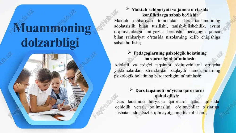 lashtirish). david hopkins 25-bet, 33-bet https://www.leadershipacademy.at/downloads/oecd_improving_school_leadership_volume_2.pdf maqsad maktabda dars taqsimoti jarayonlarini tashkil etishda konfliktlarning oldini olish. vazifalar dars soatlarini adolatli taqsimlash orqali oʻqituvchilarning yuklamasini optimallashtirish. oʻqituvchilar va metod birlashma rahbarlari bilan muntazam uchrashuvlar oʻtkazib, dars taqsimoti jarayonidagi ehtiyoj va talablarini muhokama qilish. dars taqsimoti yakunlangandan keyin, yuzaga kelgan nizolar va kelishmovchiliklarni aniqlash, ularni erta bosqichda hal etish boʻyicha choralar koʻrish. o‘qituvchilar va ma’muriyat o‘rtasida kelishuv va hamkorlikni kuchaytirish orqali kelib chiqadigan nizolarni minimallashtirish. yaponiya ta’lim tizimi milliy standartlarga asoslanib, dars taqdimotini aniq belgilaydi. yaponiya tajribasi angliya tajribasi germaniya tajribasi angliya maktablarida dars taqsimoti jarayonida maktab rahbarlari va oʻqituvchilar toʻliq ishtirok etadi. germaniya ta’lim tizimida dars taqsimoti avtomat-lashtirilgan tizimlar yordamida amalga oshiriladi. xorijiy tajribalarni oʻrganilganligi t/r amaldagi holat (oʻzbekistonda) amaldagi holat (xorijda) takliflar 1 maktablarimizda dars taqsimoti aniq belgilangan me’yoriy huquqiy hujjat (3271-sonli nizom) asosida olib boriladi yaponiyada elektron jadval tizimlari va ilgʻor texnologiyalar yordamida rejalashtirish jarayoni aniq va oldindan belgilangan …