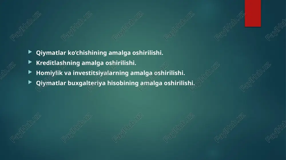 a farovonlikka erishish yo’lida hizmat qilishi mumkin. qiymatlarni saqlashning amalga oshirilishi.ko’pchilik an’anaviy moliyaviy institutlar xususiy shaxslar, tashkilotlar va davlatga tegishli bo‘lgan qiymatlar saqlanadigan ombor vazifasini bajaradi. o‘rtacha statistik fuqaro uchun bank moliyaviy aktivlarni bank yacheykasida, jamg‘armada yoki joriy 107 hisobraqamida saqlaydi. likvidlik zarur bo‘lgan va naqd ekvivalentga kichik foiz talab qilinadigan yirik tashkilot uchun esa bular risksiz investitsiyalar, masalan, g‘aznachilik obligatsiyalari yoki qisqa muddatli vositalar bozoriga investitsiyalar hisoblanadi. blokcheyn tizimi ishga tushgan taqdirda, xususiy shaxslar qiymatlarni saqlash, jamg‘armani boshqarish yoki joriy hisobraqami hizmatlariniyuritish uchun banklarga tayanishga majbur bo‘lmaydilar, tashkilotlarda esarisksiz moliyaviy aktivlar xarid qilish va ularga egalik qilishning samraaliroq mexanizmlari paydo bo‘ladi. kreditlashning amalga oshirilishi. moliyaviy institutlar ipotekadan tortib, qisqa muddatli veksellargacha kreditlar berishni amalga oshiradi. shu tufayli kredit kartalari, ipoteka kreditlari, korporativ, munitsipal vadavlat obligatsiyalari, aktivlar bilan ta’minlangan qimmatli qog‘ozlarni bilan ishlash jarayonlari ancha soddalashtiradi. kreditlash mexanizmi kreditga layoqatlilikni tekshirish, kredit tarixini yuritish, kredit reytinglari tayinlash uchun bir qator …