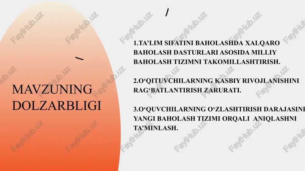 hisini tanlash imtihoni”dan muvafaqiyatli o‘tishlari talab etiladi. (timss-2023- yilda 7-o‘rin matematika, tabiiy fanlar) estoniya-xalqaro baholash tizimida o‘qish, matematika va tabiiy fanlar bo’yicha yuqori ko‘rsatkichga ega. oqilona boshqaruv, yuqori malakali o‘qituvchilar, raqamli texnologiyalardan samarali foydalanish, bepul ta’lim va teng imkoniyatlar asosiy jihatlaridir.(pisa-2022-da 6-o’rin) qiyosiy tahlil № asosiy jihatlar o‘zbekistonda amaldagi holat (ijobiy tomonlari) xitoyda amaldagi holat turkiyada amaldagi holat estoniyada amaldagi holat takliflar 1 baholash tizimi o‘zbekiston xalqaro pisa, timss, pirls, talis dasturlarida ishtirok etmoqda, baholash milliy standartlarga moslashtirilmoqda markazlashgan milliy imtihon (gaokao) asosiy baholash tizimi bo‘lib, yuqori bosim ostida o‘tkaziladi. turkiyada o’qituvchilar “davlat xizmatchisi”maqomiga ega bo’lish uchun, otmni tamomlab, “davlat xizmatchisini tanlash imtihoni”dan muvaffaqiyatli o‘tishlari talab etiladi. estoniya-xalqaro baholash tizimida o‘qish, matematika va tabiiy fanlar bo’yicha yuqori ko’rsatkichga ega. pisa talablariga mos keladigan milliy baholash tizimini takomillashtirish va bosqichma-bosqich baholash tizimini yaratish. 2 o‘quvchilarning baholanishi milliy baholash tizimi mavjud, lekin individual yondashuvlarda bo‘shliq mavjud. o‘quvchilar akademik natijalari bo‘yicha qattiq baholanadi. …