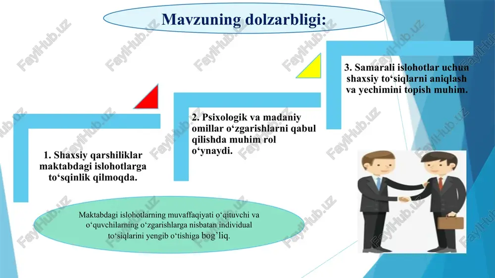 o‘quvchilarning ehtiyojlari va imkoniyatlarini inobatga olgan holda ishlab chiqiladi. ular ta’limda inklyuziv yondashuvni amalga oshirishda muhim rol o’ynaydi. milliy ta’lim dasturlari asos: milliy ta’lim dasturlari o'quvchilarning ehtiyojlari va imkoniyatlarini inobatga olgan holda ishlab chiqiladi. ular ta’limda inklyuziv yondashuvni amalga oshirishda muhim rol o‘ynaydi. o‘zbekiston respublikasining “ta’lim to‘g‘risida”gi qonuni asos: ushbu qonun ta’lim olish huquqini ta’minlaydi va ta’lim tizimida barcha shaxslar uchun teng imkoniyatlar yaratishga yo‘naltirilgan. o‘zbekiston respublikasining “nogironlar huquqlari to’g’risida”gi qonuni asos: ushbu qonun nogironligi bo’lgan shaxslarning jamiyatda teng imkoniyatlarga ega bo‘lishini ta’minlaydi. maktablar ham nogiron o‘quvchilarga mos sharoitlar yaratishga majbur. o‘zbekiston respublikasining “ma’naviyat va ma’rifat to’g’risida”gi qonuni asos: ushbu qonun jamiyatda ma’naviy va intellektual o’sishni qo‘llab-quvvatlaydi, bu esa o‘quvchilarga teng imkoniyatlar yaratishda muhimdir. maqsad maktabda o‘zgarishlarga nisbatan individual to‘siqlarni bartaraf etish orqali ta’lim tizimida barcha o‘quvchilarga teng imkoniyatlar yaratish. bunda o‘quvchilarning ehtiyojlarini aniqlash, inklyuziv ta’limni rivojlantirish, o‘qituvchilarning malakasini oshirish va maktabda zarur o‘zgarishlarni amalga oshirish maqsad qilinadi. vazifalar 1 …