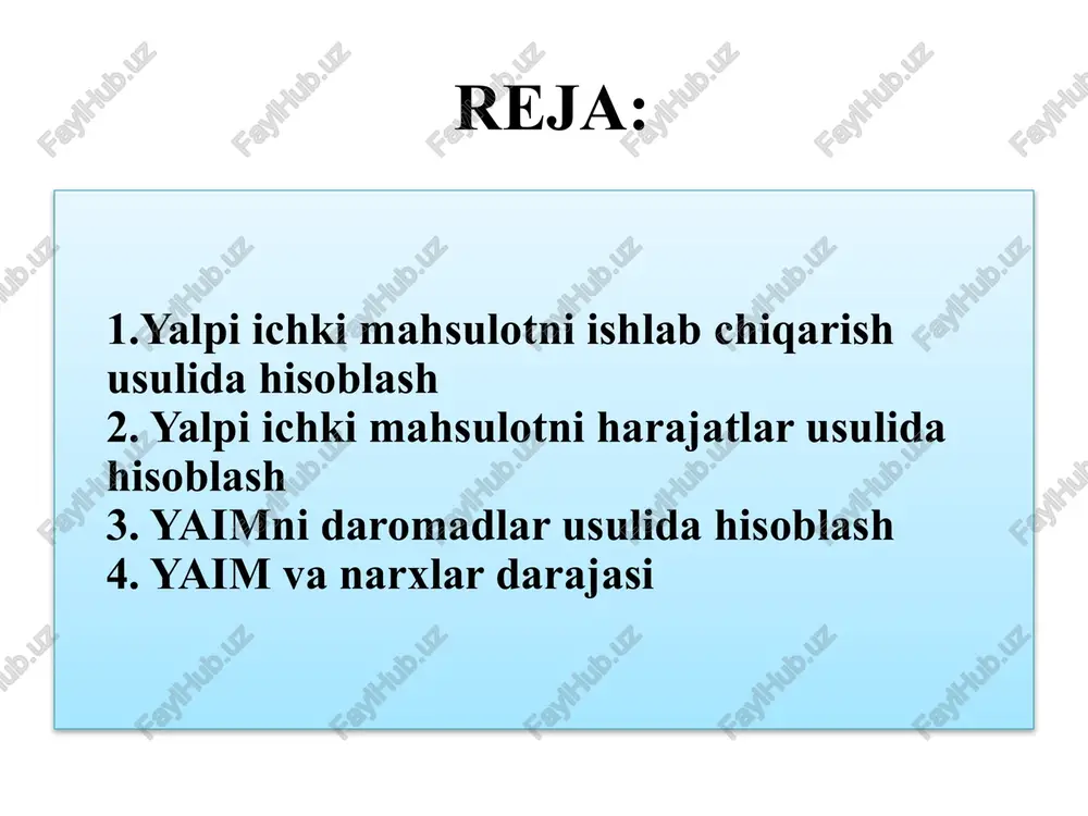 . yalpi ichki mahsulotni harajatlar usulida hisoblash xarajatlar usuli bo’yicha yaimga pirovard mahsulot va xizmatni yaratish bilan bog’liq bo’lgan barcha turdagi xarajatlar kiradi. umumiy ko’rinishda ushbu ta’rifni quyidagi formula bo’yicha ifodalash mumkin: yaim=upi+in+jpi+se , bu erda, yaim– yalpi ichki mahsulot; upi– uy xo’jaliklarining pirovard iste’mol xarajatlari; in– investitsiya xarajatlari; jpi– davlatning tovar va xizmatlarni xarid qilish xarajatlari (joriy pirovard iste’mol xarajatlari); se– sof eksport (eksport – import). xususiy iste’mol xarajatlari. mht atamalarida uy xo’jaliklarining iste’mol xarajatlari xususiy (shaxsiy) iste’mol xarajatlari deb yuritiladi. uy xo’jaliklarining shaxsiy iste’mol xarajatlariga quyidagilar kiradi: uzoq vaqt fodalaniladigan predmetlar (buyumlar), joriy iste’mol tovarlari va turli xizmat turlari uchun iste’mol xarajatlari. yalpi xususiy ichki investitsiyalar. zahiralarning o’zgarishi. yalpi va sof investitsiyalar.umum qabul qilingan uslubiyotga binoan yalpi xususiy ichki investitsiyalar quyidagilardan tashkil topadi: tadbirkorlar tomonidan mashina, uskuna va stanoklarni pirovard sotib olish; uy-joy qurilishini hisobga olgan xolda qurilish ishlari; zahiralarning o’zgarishi. tovar va xizmatlarni xarid qilish uchun davlat …