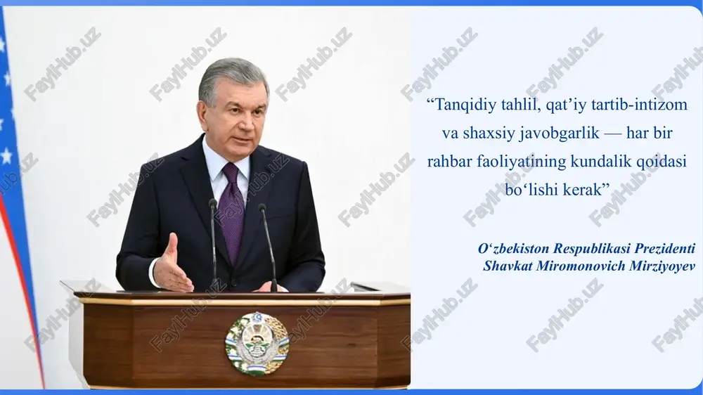 jro.gov.uz “ijro intizomi idoralararo yagona elektron tizimi samarali faoliyat ko‘rsatishini ta’minlashga qaratilgan qo‘shimcha chora-tadbirlar to‘g‘risida”gi pq-5132-son qarori. 1 2 mavzuga oid adabiyotlar 4 maktab arxivida normativ huquqiy hujjatlarni tizimliligini ta’minlash, sifatli va samaradorligini oshiradi. maqsad 1. hujjatlarni to‘g‘ri shakllantirish – rasmiy me’yorlarga mos yozish. 2. hujjatlarni tasniflash – mavzuga ko‘ra guruhlash. 3. yig‘ma jildlarni shakllantirish – yil davomida to‘plangan hujjatlarni tartibga solish. 4. arxivlash – muhim hujjatlarni belgilangan muddatgacha saqlash. 5. raqamli arxivlash – hujjatlarni skanerlab, elektron shaklda saqlash vazifalar 01 hujjatlar umumiy saqlash muddati bo‘yicha quyidagilarga bo‘linadi: - doimiy saqlanadigan hujjatlar (ustav, asosiy qarorlar, maktabning tashkil topishi bilan bog‘liq hujjatlar) - 10-75 yil saqlanadigan hujjatlar (shaxsiy ish jildlari, attestatsiya hujjatlari, statistik hisobotlar) - 5 yil saqlanadigan hujjatlar (kundalik ish yuritish hujjatlari, o‘quv jarayoni bo‘yicha qisqa muddatli hisobotlar) - 1-3 yil saqlanadigan hujjatlar (kundalik buyruqlar, xizmat yozishmalari) saqlash muddati bo‘yicha tasniflash 02 maxsus ventilyatsiyali, quruq va xavfsiz xona bo‘lishi lozim …