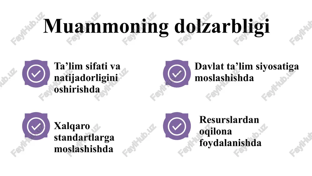 olanadi. fransiya fransiyada maktablarning boshqaruv samaradorligi davlat inspeksiya tizimi orqali baholanadi. baholash jarayonida o‘qituvchilarning sifati, o‘quv dasturlari samaradorligi va maktablarning o‘zini rivojlantirish strategiyalari hisobga olinadi. muammo yuzasidan xorijiy tajribalarni o‘rganilganligi qiyosiy tahlil etilganligi № jihatlar o‘zbekistonda amaldagi holat amaldagi holat (kanada, janubiy koreya, fransiya) takliflar 1 boshqaruv tizimi markazlashgan boshqaruv, barcha maktablar davlat nazoratida kanada. desentralizatsiyalashgan (maktablar mahalliy boshqaruvga bo‘ysunadi) mahalliy ta’lim boshqarmalarining rolini oshirish, maktablarga ma’lum mustaqillik berish. 2 baholash tizimi davlat inspeksiyasi orqali tekshiruv, jamoatchilik ishtiroki cheklangan fransiya. davlat va mustaqil inspeksiya uyg‘unligi mustaqil ekspert baholash tizimini joriy etish, maktablarning o‘zini o‘zi baholash tizimini shakllantirish. 3 monitoring va nazorat raqamli tizim yo’lga qo‘yilmoqda, asosiy nazorat hujjatli tekshiruvlarga asoslangan janubiy koreya. (neis) – milliy ta’lim axborot tizimi bo‘lib, bu tizim orqali mamlakatdagi barcha maktablarning boshqaruv, monitoring va baholash jarayonlari markazlashtirilgan holda yuritiladi. markazlashtirilgan raqamli monitoring tizimini ishlab chiqish 4 maktab rahbarlari tayyorgarligi malaka ioshirish kurslari mavjud, sertifikatlash tizimi yo‘lga …