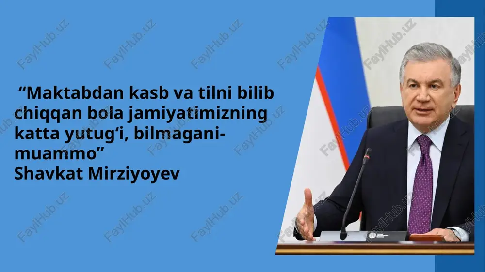 oʻqitish hamda zamonaviy kasblarni oʻrgatish toʻgʻrisida” 2024-yil 26-martdagi 96-son buyrug‘i so‘rovnomada 70 nafar o‘quvchilar va 50 nafar ota-onalr qatnashishdi. o‘quvchilarning 41% zamonaviy kasblar haqida to‘liq yoki qisman ma’lumotga ega, lekin 44.9% bilmaydi. ✔️ ota-onalar orasida faqat 34.4% kasblar haqida yaxshi yoki qisman ma’lumotga ega , 50.2% esa umuman bilmaydi. jizzax viloyati baxmal tumani 26- va 52-maktablarning 9-sinf o‘quvchilari hamda ota-onalari o‘rtasida zamonaviy kasblar haqida bilish darajasini aniqlash maqsadida o‘tkazilgan so‘rovnoma natijalari. process title 02 process title 03 process title 04 maktabda o‘quvchilarni kasbga yo‘naltirish bo‘yicha shart-sharoitlar yaratish,ularning qobiliyati va qiziqishlariga mos kasb tanlashiga ko‘maklashish maqsad v a z i f a l a r 2. o‘quvchilarning kasbga bo‘lgan qobiliyat va qiziqishlarini aniqlash 1. kasblar klassifikatsiyasi va professiogrammasi haqida o‘quvchilarga keng ma’lumotlar berish 3. o‘quvchilarni kasb tanlashida mehnat bozori ehtiyojlariga mos yo‘naltirish 4. o‘quvchilarni kasbga yo‘naltirish masalasida maktab va ota-onalar hamkorligini kuchaytirish yaponiyada kasbga yo‘naltirish umumiy o‘quv jarayonining asosiy yo‘nalishlaridan biridir. …
