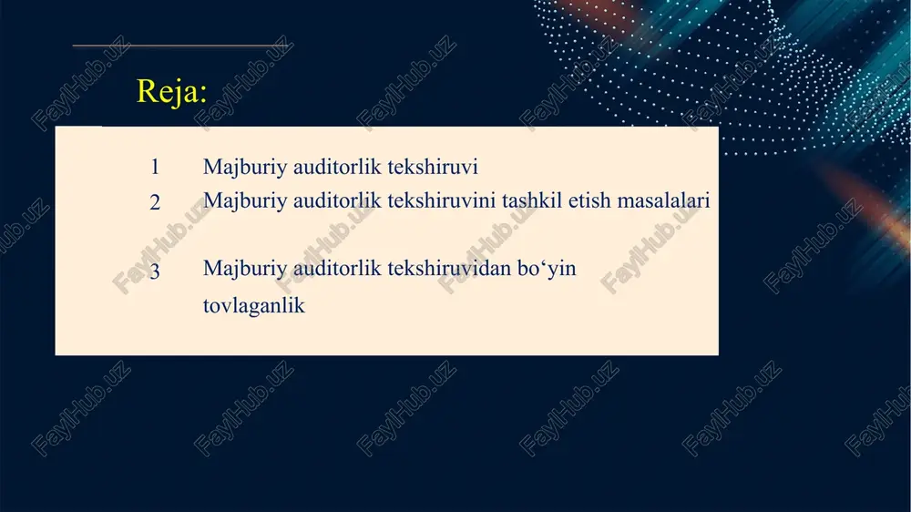 angan bir nusxaini 15 kun ichida tegishli soliq organlariga topshirishi lozim. agar auditorlik xulosasining bunday nusxasini soliq organiga o‘z vaqtida taqdim etilmasa, xo‘jalik yurituvchi subyekt soliq organiga buning sababi ko‘rsatilgan tushuntirish xati taqdim etadi. majburiy auditorlik tekshiruvidan bo‘yin tovlagan xo‘jalik yurituvchi subyektlarga soliq organi tomonidan jarima solinadi. xo‘jalik yurituvchi subyekt rahbari esa majburiy auditorlik tekshiruvidan bo‘yin tovlaganligi uchun qonun hujjatlarida belgilangan tartibda javobgarlikka tortiladi. jarima undirilishi xo‘jalik yurituvchi subyektni majburiy auditorlik tekshiruvdan o‘tishdan ozod qilmaydi. undirilgan jarima jarima solish to‘g‘risidagi qaror topshirilgan kundan boshlab 10 kun ichida to‘lanib, to‘liq miqdorda respublika budjetiga o‘tkaziladi. agar jarima o‘z vaqtida to‘lanmasa, soliq qonunchiligiga muvofiq peniya hisoblangan holda so‘zsiz undirib olinadi. majburiy auditorlik tekshiruvidan bo‘yin tovlaganligi uchun undiriladigan jarimalar stavkalari xo‘jalik yurituvchi subyektlarning hisobot yili oxirida mahsulot (ish, xizmat)lar sotishdan olingan yalpi tushumining miqdoriga qarab eng kam oylik haqining 100 baravaridan 500 baravarigacha tabaqalashtirilgan. jarima summasini hisoblash uchun jarima solish to‘g‘risida qaror chiqarilgan sanadagi …