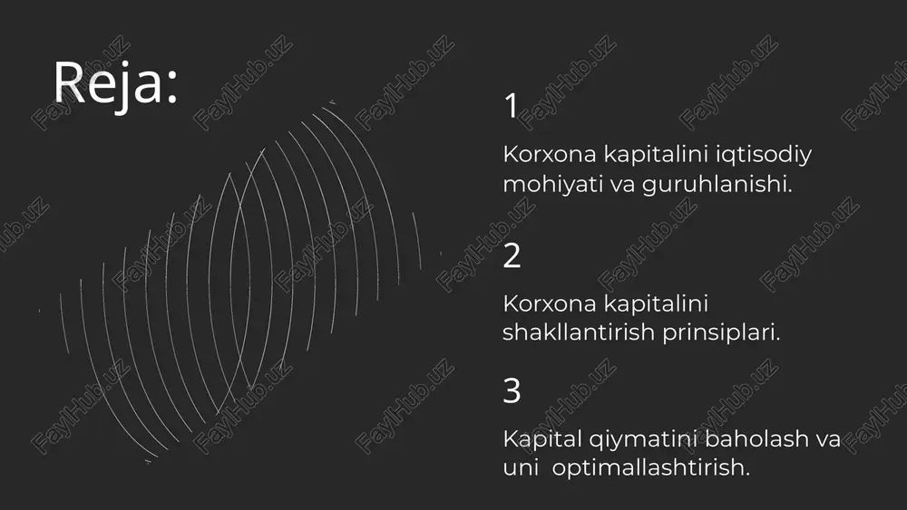 malga oshirish uchun uning operatsion aktivlarida investitsiyalash bo‘yicha korxonaning mablag‘larni xarakterlaydi. ishlab chiqarish kapitali uning bir qismi, sudxo‘rlik moliyaviy operatsiyalar faoliyatida foydalanilanishini xarakterlaydi. spekulyativ kapital 2. foydalanish maqsadlari bo‘yicha korxona tarkibida quyidagi kapitallar shakllariga ajratish mumkin: ishlab chiqarish, ssuda va (sudxur)spekulyativ. pul, material, nomaterial shaklidagi kapitallarga ajratiladi. korxonada asosiy va oborot kapitallariga ajratiladi. 3. investitsiyalash shakllari bo‘yicha kapitallar: 4. investitsiyalash obyekti bo‘yicha: 5. doiraviy aylanish jarayonida qatnashish shakli bo‘yicha: bu doiraviy aylanishning umumiy sikllaridan kelib chiqadi va korxona kapitallarini uning pul, ishlab chiqarish va tovar shaklida ajratiladi. 5. doiraviy aylanish jarayonida qatnashish shakli bo‘yicha: bu doiraviy aylanishning umumiy sikllaridan kelib chiqadi va korxona kapitallarini uning pul, ishlab chiqarish va tovar shaklida ajratiladi. 6. mulk shakllari bo‘yicha: bu xususiy va davlat kapitaliga, ya’ni korxona ustav kapitalini shakllantirish jarayonida investitsiyalashni belgilaydi. 7. tashkiliy – huquqiy faoliyat shakllari bo‘yicha: aksioner kapitali pay kapitali individual korxona kapitali bevosita korxonaning daromadini shakllantirishda qatnashuvchi va korxonaning …