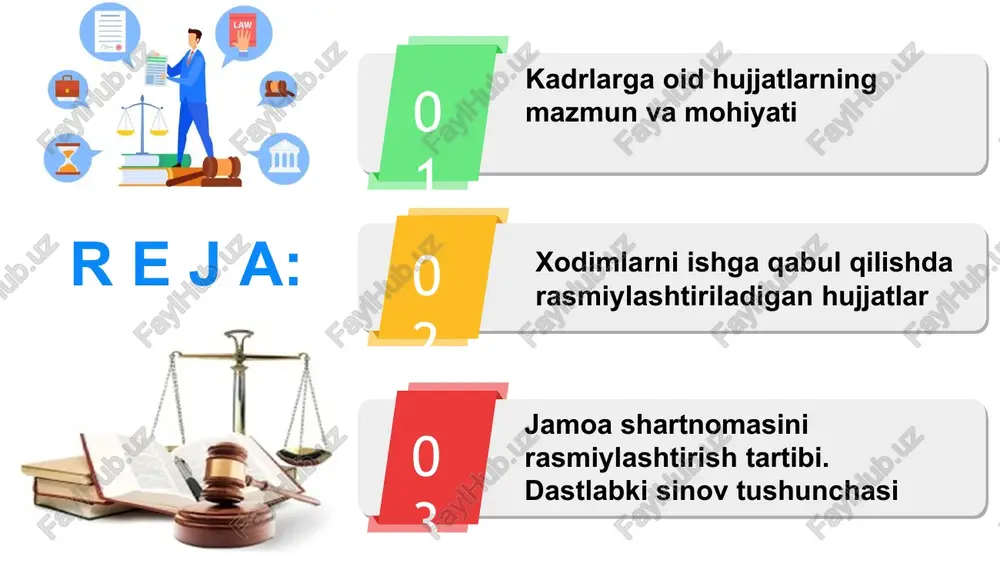 n taqdim etadi. 50 % umumiy yigʽilishida hozir boʽlganlarning ellik foizidan koʽprogʽi uni yoqlab ovoz bergan boʽlsa, mk 70-modda. jamoa shartnomasini tuzish tartibi jamoa shartnomasi, agar mehnat jamoasining 01 jamoa shartnomasi imzolangan kundan eʽtiboran yoki jamoa shartnomasida belgilangan kundan eʽtiboran kuchga kiradi va shartnomada nazarda tutilgan muddat ichida, biroq ko„pi bilan 3 yil amal qiladi. (71-modda) 02 ish beruvchi jamoa shartnomasi kuchga kirganidan keyin 10 kundan kechiktirmay xodimlarni jamoa shartnomasi bilan imzo qo„ydirib tanishtirishi shart. (78-modda) mehnat kodeksi jamoa shartnomasi mehnat shartnomasi shakli mehnat shartnomasi shakli (mk 106-modda) 01 mehnat shartnomasida shartnomaning ushbu kodeksning 107-moddasida nazarda tutilgan rekvizitlari koʽrsatiladi. 04 mehnat shartnomasi bir xil kuchga ega boʽlgan kamida ikki nusxada yozma shaklda tuzilib, ularning har biri taraflar tomonidan imzolanadi. ish beruvchida muhr mavjud boʽlgan taqdirda mansabdor shaxsning mehnat shartnomasining 02 barcha nusxalaridagi imzosi muhr bilan tasdiqlanadi. mehnat shartnomasining bir nusxasi xodimga beriladi, boshqasi ish beruvchida saqlanadi. mehnat shartnomasining nusxasi xodim …