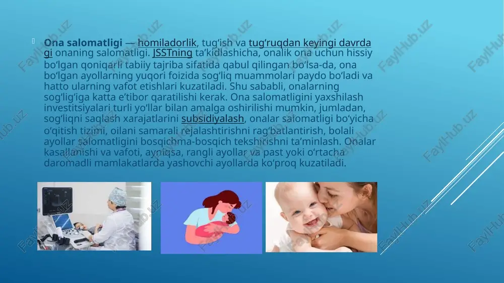 arvarish homiladorlik davrida tibbiy yordam, ovqatlanish, taʼlim va ijtimoiy xizmatlarini oʻz ichiga oladi. shuningdek, prenatal parvarish skrining testlarini, qon bosimini nazorat qilish yoki homilaning qanday oʻsayotganini baholash uchun bachadon oʻlchanishini oʻz ichiga olishi mumkin homilador ayollarda homiladorlikdan oldin mavjud boʻlgan qandli diabet (pregestatsion diabet) kuzatilishi mumkin. modda almashinuvining buzilishi qandli diabetning 1 va 2-turida deyarli bir xil boʻladi. homilaning ona qornida nobud boʻlishi qandli diabet bilan kechadigan homiladorlikning eng ogʻir asoratlaridan biri hisoblanadi. bundan tashqari, chaqaloqlarda tugʻma nuqsonlar, ularning vazni ortib ketishi (4,5 kg dan ortiq), oʻpka rivojlanishining orqada qolishi holatlari uchrab turadi. onaning vazni homiladorlikdan oldingi oʻrtacha vaznga ega boʻlgan ayollar homiladorlik davrida 11-16 kg gacha vaznining ortishi kuzatiladi. gipertenziya, qandli diabet, nafas olish yoʻllari asoratlari va infektsiyalarning koʻpayishi onaning semirib ketishi holatlarida keng tarqalgan va homiladorlik natijalariga salbiy taʼsir koʻrsatishi mumkin. semirib ketish homiladorlik davrida paydo boʻladigan diabet (gestatsion diabet) uchun juda kuchli xavf omilidir[24]. homilador ayollar haftasiga …