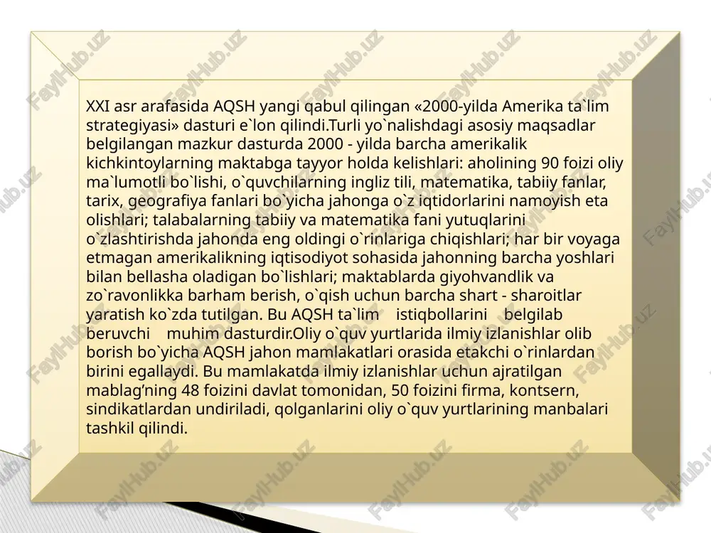 kin ularga xech qanday imtiyozlar berilmagan. uch yoshdan 5 yoshgacha xususiy yoki davlat bog’chalaridan foydalanish mumkin, lekin bolalar bog’chalari kichik va bu tizim kam rivojlangan. enaga yollash bir haftada 200 dollarga tushadi. bolalarda yagona bir dastur mavjud emas. kerak bo`luvchi hamma jihozlar va kunlik ovqatni ota-onalarning o`zi olib keladi. 5 yoshdan esa «kinder garde» deb ataluvchi tayyorlov muassasalarida ta`lim boshlanadi. boshlang’ich maktab 6 yoshdan to 13- 15 yoshgacha bo`lgan bolalarni qamrab oladi. bu boshlang’ich maktablarda umumiy savodxonlik va kasbga yo`naltirish vazifalari hal etiladi. sinfdan-sinfga ko`chish o`quvchining o`zlashtirganlik darajasiga boglik. boshlang’ich ta`lim turli shtatlarda turlicha belgilangan. maktablarda turli xil to`garaklar, uchrashuvlar, shovlar va sayohatlar uyushtiriladi, ammo ularning hammasiga haq to`lash lozim. o`rta maktablar quyi va yuqori bosqilardan iborat. 9 - sinfni bitirgan talabalar tanlov asosida o`rta maktabga qabul qilinadi. urta maktablarda to`rt yo`nalishda kasb - kor asoslari berib boriladi. 1 - kasb-xunar ta`limi, 2 - biznes ta`limi, 3 - savdo va …
