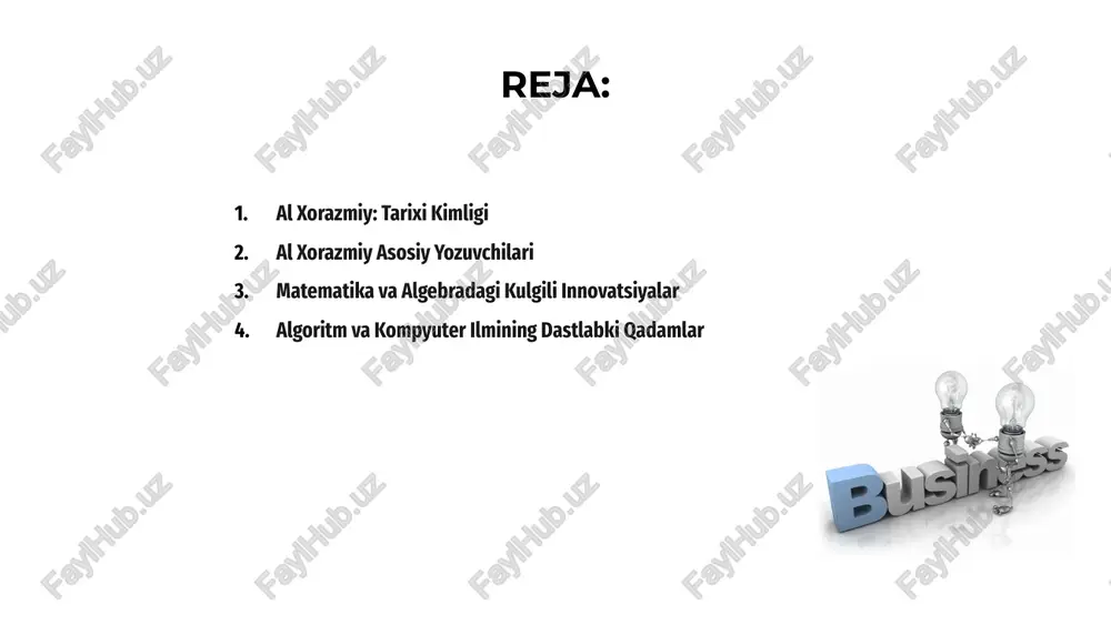 ng metodologiyalari va matematik yondashuvlari dastlabki kompyuterlik va algoritmlarning oshkora asoslarini yaratishga yordam berdi. bu ilmlarning rivojlanishini boshladi. al xorazmiy nomi bilan bog'liq tushunchalar hozirgi kunlarda ham keng qo'llaniladi. uning ishlari yangi avlod kompyuter ekspertlarining ilhom manbai bo'lib qolmoqda. al xorazmiyning ilmiy merosi 01. al xorazmiy, tarixda matematika va algebra asosculari sifatida tanilgan, ilm-fan rivojiga katta ta'sir ko'rsatgan buyuk olimdir. uning ishlari xalqaro ilmiy meros bo'lib qoldi. uzgarchiliklar va matematik metodlarni rivojlantirishida muhim rol o'ynagan, xususan algebra va arifmetika sohalarida. uning yutuqlari zamonaviy ilmlarga asos bo'ldi. al xorazmiy nomi bilan atalgan algoritm va algebra tushunchalari, ko'plab avlodlar uchun ilhom manbai bo'lib, ilmiy yutuqlarning poydevoridir. uning merosi qadrlanadi. 02. 03. yevropada al xorazmiy ta'siri al xorazmiy, yirik mutafakkir, yevropada algebra va matematika rivojiga katta ta'sir ko'rsatdi, uning asarlari ilm-fanda yangi yondashuvlar yaratdi. uning ishlari evropada matematik tafakkur va hisoblash usullarini rivojlantirib, zamonaviy fanlarning asoslarini mustahkamlashda muhim rol o'ynadi. al xorazmiy yozgan …