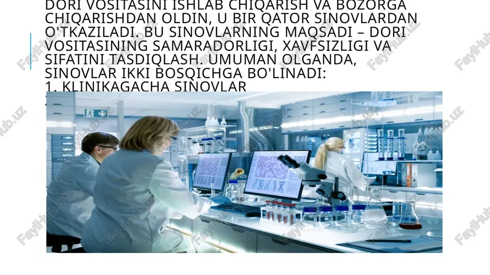 qaro va mintaqaviy hokimiyat organlari odatda kamida ikkita sutemizuvchilar turida klinikadan oldingi tadqiqotlar o'tkazilishini talab qiladi, ulardan biri kemiruvchi bo'lmasligi kerak. hayvonlarda ba'zi samaradorlikni ko'rsatadigan preklinik tadqiqotlarning muhim qismi uchun samaradorlik keyingi insoniy tadqiqotlar bilan tasdiqlanmaydi . faqat taxminan 10% dan 15% gacha bo'lgan hollarda dori vositalarini ishlab chiqish muvaffaqiyatli bo'ladi. klinikagacha sinovlar. maqsad: * dorining organizmga ta'sirini o'rganish. * zaharlilik darajasini aniqlash. * dozalash rejimini belgilash. klinikadan oldingi tadqiqotlar mahsulotning hayot aylanishining istalgan nuqtasida o'tkazilishi mumkin, garchi ularning aksariyati keyinchalik ishlab chiqishda kutilmagan hodisalarni oldini olish uchun imkon qadar erta o'tkaziladi. moddaning farmakodinamikasi (dori organizmga qanday ta'siri), farmakokinetikasi (organizmning preparatga qanday ta'sir qilishi) va tekshiriluvchi moddaning inson organizmiga kiritilishidan oldin toksikligi kabi xususiyatlarini aniqlash bilan bir qatorda, klinikadan oldingi ma'lumotlar. tadqiqotlar klinikadan oldingi tadqiqot bosqichida, ro'yxatga olish vaqtida va tibbiy mahsulotning butun hayot aylanishi davomida mahsulot xavfsizligi to'g'risidagi ma'lumotlarni aniqlashtirish, birlashtirish va ma'lumotlarni qo'shish uchun ishlatiladi. klinik sinovlar klinik …