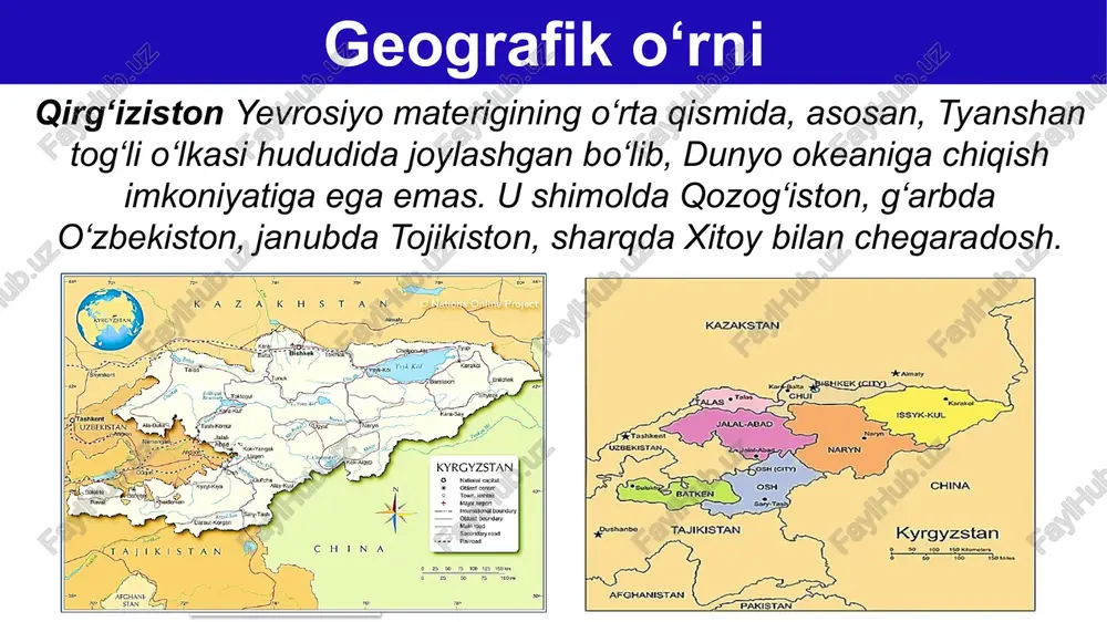 oitida juda notekis joylashgan bo‘lib, aksariyat qismi tog‘ oralig‘idagi vodiylarda istiqomat qiladi. farg‘ona va chuy vodiylarida aholi zich yashaydi. bu holat o‘sha hududlarning dehqonchilik uchun qulay tabiiy sharoiti bilan bog‘liq. shaharlari aholining 30 % dan ko‘proq qismi shaharlarda istiqomat qiladi, qolgan qismi esa qishloq aholisiga to‘g‘ri keladi. mamlakatning eng yirik shahri – bishkekning aholisi 2017-yilda 1 mln. kishidan oshib ketdi. yirikligi jihatidan mamlakatning ikkinchi shahri hisoblanadigan o‘shda 260 ming kishidan ko‘proq aholi yashaydi (2018-y.). prv aholisining milliy tarkibida qirg‘izlarning ulushi 75 % atrofida bo‘lsa, 15 % ga yaqin qismini o‘zbeklar tashkil etadi. o‘zbeklar, asosan, qirg‘izistonning respublikamizga qo‘shni janubiy hududlarida istiqomat qiladi. shuningdek, ruslar, dunganlar, uyg‘urlar va tojiklar ham aholining etnik tarkibida muhim o‘ringa ega. aholisi prv iqtisodiyoti qirg‘iziston iqtisodiyotida qishloq xo‘jaligi sanoatga nisbatan ko‘proq ahamiyatga ega bo‘lganligi uchun, respublika agrar -industrial davlat hisoblanadi. 11 prv sanoati sanoati hozirgi vaqtda, asosan, tog‘-kon tarmog‘iga ixtisoslashgan. eng muhim sanoat mahsuloti oltin hisoblanadi va …