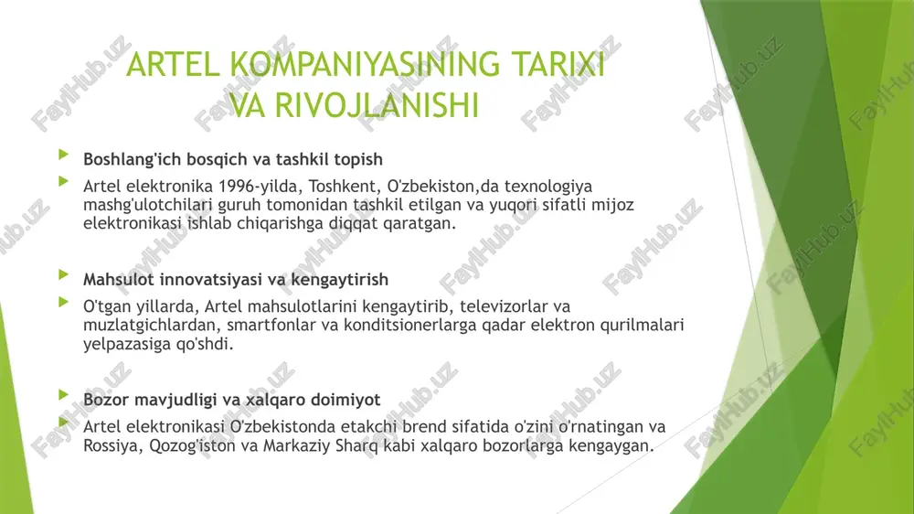 a almashtirilishi mumkin. 3 yillik to'liq bepul kafolat barcha yirik artel maishiy texnikasi 3 yillik to’liq bepul kafolatga ega. kafolat muddati davomida siz bepul servis xizmatidan foydalanishingiz va maishiy texnikaning yirik qismlarini bepul almashtiringiz mumkin. yangiliklarimiz xalqaro munosabtalar va hamkorlarimiz hamkorlik biz samsung va shivaki kabi dunyoda taniqli kompaniyalar bilan hamkorlik qilamiz. artel kompaniyasining ishlab chiqarish quvvatlari dunyoning yetakchi kompaniyalarining mahsulotlarini ularning barcha talablariga rioya qilgan holda ishlab chiqarishga yetarlidir. hozirda artel kompaniyasi samsung kompaniyasining sovutgichlarini, monitorlarini, televizorlarini, changyutgichlarini hamda shivaki kompaniyasining maishiy texnika qatorini ishlab chiqaradi. eksport: artel kompaniyasining mahsulotlari ukraina, qozog’iston, qirg’iziston, afg’oniston, armaniston, gurjiston, turkmaniston va rossiya federatsiya kabi davlatlarga eksport qilinadi. artel kompaniyasining mahsulotlari assortimenti va unga bo’lgan talablar muntazam oshib bormoqda. kompaniya doimiy ravishda yangi bozorlarga kirib bormoqda. ta’lim: artel kompaniyasi yosh avlodning rivojlanishiga o’z hissasini qo’shishga harakat qiladi. aynan shu tufayli artel technical school maktabi bunyod etilgan. artel technical school – aniq va tabiiy …