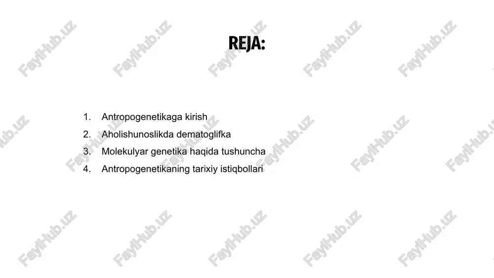 iyot va biotexnologiyadagi yutuqlar uchun juda muhimdir. genlar va ularning funktsiyalarini o'rganish orqali tadqiqotchilar yangi davolash usullarini ishlab chiqishlari va inson salomatligini yaxshilashlari mumkin. 02 antropogenetikaning tarixiy istiqbollari antropogenetika inson xususiyatlari va evolyutsiyasining genetik asoslarini o'rganishni o'z ichiga oladi. dematoglyphka population quote genetik tahlil uchun barmoq izlarini o'rganishga ishora qiladi. molekulyar genetika usullari inson irsiy o'zgaruvchanligini tushunishda hal qiluvchi rol o'ynaydi. ular o'ziga xos genlarni va ularning inson xususiyatlari bilan bog'liq funktsiyalarini aniqlashda yordam beradi. antropogenetikaning tarixiy istiqbollari bu sohaning vaqt o‘tishi bilan rivojlanishi haqida tushuncha beradi. ular inson genetikasi haqidagi tushunchamizni shakllantirgan muhim bosqichlar va kashfiyotlarni ta'kidlaydi. antropogenetikani o'rganishda dematoglifka populyatsiyasining iqtiboslari hal qiluvchi rol o'ynaydi. bu turli populyatsiyalardagi genetik o'zgarishlarni va ularning inson evolyutsiyasiga ta'sirini tushunishga yordam beradi. dematoglifka: antropologik vosita dematoglifka bilan bir qatorda, populyatsiyalarning genetik tarkibini chuqurroq o'rganish uchun molekulyar genetika usullari ham qo'llaniladi. bu shaxslar o'rtasidagi naqsh va munosabatlarni aniqlash uchun dnk ketma-ketligini tahlil qilishni …