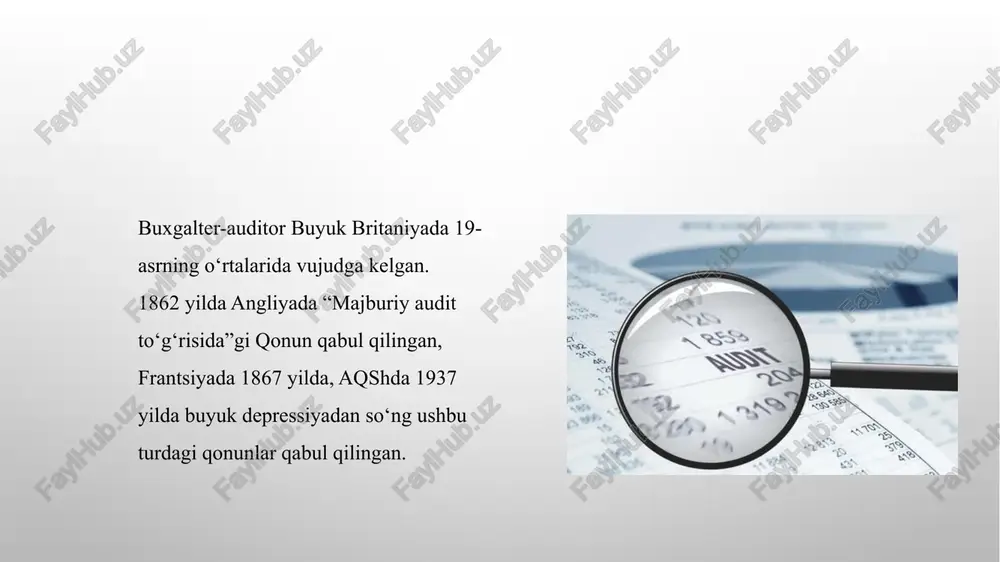 ning yillik buxgalteriya hisobotini tekshirish bilan keng tarqalgan. 1867 yilda “auditorlik faoliyati to‘g‘risida”gi qonun frantsiyada ham qabul qilindi. mazkur qonunda “hisoblar bo‘yicha komissarlar” nomli maxsus taftishchilar tomonidan aktsiyadorlik jamiyatlari balanslari majburiy tekshirilishi va ularga baho berilishi lozimligi ko‘rsatilgan. mulkdor-kapitalistlar tobora kamroq bevosita ishlab chiqarish va moliyaviy ishlar bilan shug‘ullana boshladilar. ular bu ishlarni yollangan xizmatchilarga topshirar edilar yoki qandaydir jamiyatning aktsiyalari yoki obligatsiyalariga egalik qilganliklaridan oladigan daromadlari evaziga yashovchi mulkdorlarga aylanib bordilar. qimmatli qog‘oz egalari uchun aktsiyadorlik jamiyatlarida hisob va hisobotni taftish qiluvchi buxgalter-auditorlar korxonaning moliyaviy barqarorligi va uning faoliyatidan olinadigan daromadlar to‘g‘risida ishonchli ma’lumotlarning kafolati bo‘lib hisoblanar edilar. 982 yilda xalq vakillarining umumxitoy yig‘ilishi (xvuy)da xitoyning yangi konstitutsiyasi e’lon qilindi. bu konstitutsiya hukumatdan auditorlik ma’muriyatini tashkil etishni talab qilar edi. 1983 yilning sentyabr oyida 3000dan ko‘proq auditorlik tashkilotlari ro‘yxatga olindi, ularda 30 mingdan ortiq shtatli a’zolar ishlar edi. shunday qilib, konstitutsiya auditorlik ma’muriyatining mustaqilligini kafolatlaydi. auditorlik faoliyatining maqsad va …