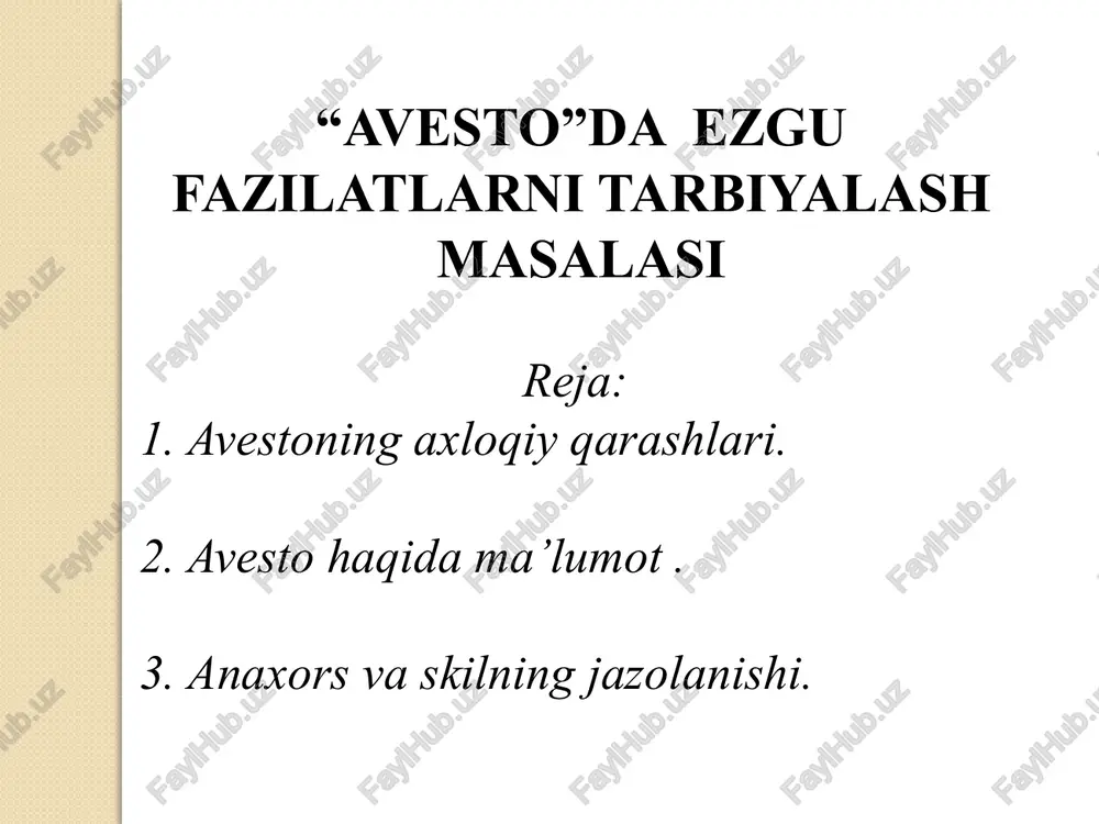 madh etilgan.5.kichik avesto. quyosh, oy, ardvisura, varxra kabi xudo va ma’budalar madh etilgan ibodat qo’shiqlari beriladi. «avesto»da ilk foniy odam – gaya marta haqida rivoyatlar keltirilgan. u zardo’shtiylikda yer yuzida yashagan birinchi odam sifatida tasavvur etiladi. o’rta asr manbalarida uning nomi gavomard, gayomat, gopat shoh, qo’bodshoh, kayumars tarzida bitilgan. gaya marta ikki vujudli, ho’kiz va odamdan tashkil topgan. uni ezgulik xudosi axura mazda dantiya daryosining bo’yidagi ar’yana vejada yetmish kun mobaynida yaratgan. odam boshli, ho’kiz qiyofasidagi haykalchalar o’zbekiston (jumladan, samarqand shahri yaqinidagi tali barzu tepaligi, xorazm viloyatining shovot tumani hududi)dan topilgan. «avesto» eramizdan oldingi vii asrning oxiri va vi asrning boshlarida yaratilgan. uning qadimgi qismlari miloddan avvalgi 2000-1000 yillarga taalluqli, deb qaraladi. «avesto»ning qisqargan shakli «zand avesto» deb nomlangan. u pahlaviy, sanskrit (qadimgi hind) tiliga tarjima qilingan va sharhlar bitilgan. u bir necha marta yevropa tillariga, jumladan, rus tiliga ham ag’darilgan. «avesto»ni o’zbek kitobxonlari a.mahkam, m.isoqov va boshqalar tarjimasida o’qishmoqda. …