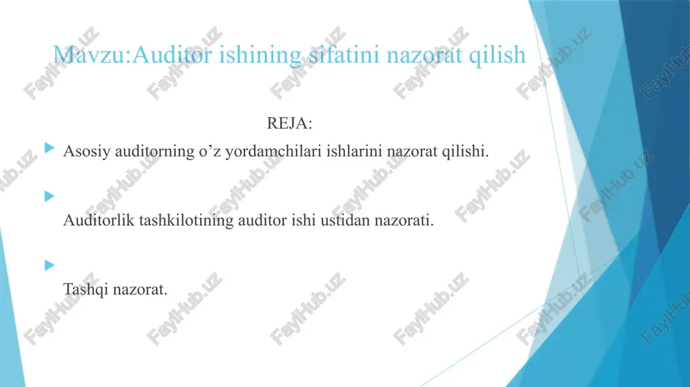 azorat o’rnatishiga asoslanadi. joriy nazorat quyidagi shakllarda amalga oshiriladi: asosiy auditorning assistentlar ishlari ustidan nazorati, auditorlik tashkilotining auditorlar ishlari ustidan nazorati, va boshqalar. auditorlik tashkilotining auditorlar ishlari ustidan nazorati, birinchidan, tekshiruv o’tkazish dasturining asoslanganligini muhokama qilish, ikkinchidan, auditning tashkiliy-ahloqiy printsiplariga qat’iy rioya qilish, uchinchidan, asosiy auditor tomonidan xulosa berilganidan so’ng auditorlik tashkilotining bosh-qa auditori tomonidan mijoz-korxona hisobotining ayrim ko’rsatkichlari(hisob bo’limlari)ni tanlab qayta tekshirish yordamida amalga oshiriladi. auditorlik tashkiloti ichida ishlar sifatini nazorat qilish-ga talablar va muayyan auditorlik tekshiruvi chogida ishning talab darajasidaligini ta’minlash №5-«auditor ishining sifatini na-zorat qilish»nomli afmsda aks ettirilgan. unga muvofiq auditor ishlarining sifatini nazorat qilish quyidagi shakllarda amalga oshiriladi: asosiy auditorning o’z yordamchilari ishlarini nazorat qilishi. auditorlik tashkilotining auditor ishi ustidan nazorati. tashqi nazorat. asosiy auditorning o’z yordamchilari ishlarini nazorat qilishi. asosiy auditor audit o’tkazish jarayonida yordamchilar tomonidan bajariladigan ishlarni doimiy ravishda nazorat qilib va yo’naltirib turishi lozim. auditor yordamchisi deganda professionallik darajasi bo’yicha asosiy auditordan farq …