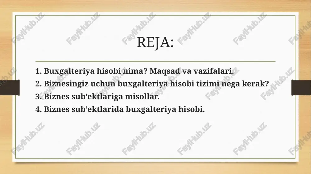 hujjatlari va qo‘llaniladigan hujjatlarni yuritish. birinchi darajaga respublikamizda 1996-yil 30-yanvarda qabul qilingan «buxgalteriya hisobi haqida»gi qonun mansub bo‘lishi mumkin. ikkinchi darajaga hozircha ishlab chiqilayotgan buxgalteriya standartlarini kiritishimiz mumkin. hozirgi paytda buxgalteriya hisobi milliy standarti (bhms) tasdiqlangan. uchinchi darajaga o‘zbekiston respublikasi moliya vazirligi va tarmoqning o‘ziga xos xususiyatlariga muvofiq hisob standartlarini aniqlashtiruvchi boshqa idoralarining uslubiy tavsiyalari (ko‘rsatmalari) instruktsiyalar sharhlarini kiritsa bo‘ladi. to‘rtinchi daraja har bitta korxonada mavjud. korxonaning o‘z ishchi hujjatlari buxgalteriya hisobini tashkil qilish xususiyatlarini va uni yuritishni belgilaydi. buxgalteriya hisobining asosiy vazifalari buxgalteriya hisobi quyidagi asosiy vazifalardan iborat: · buxgalteriya hisobi schyotlarida aktivlarning ahvoli va harakati, mulkiy huquq va majburiyatlarning ahvoli haqida to‘liq va ishonchli ma’lumotlarni tuzish; · samarali boshqarish maqsadida buxgalteriya hisobidagi ma’lumotlarni umumlashtirish; · moliyaviy, soliq va boshqa hisoblarni tuzish. hozirgi zamon hisob adabiyotlarida buxgalteriya hisobining vazifasi quyidagicha bo‘linadi: · rejali; · nazoratli; · ma’lumotli; · tahliliy (baho); · hisobli. biznesingiz uchun buxgalteriya hisobi tizimi nega kerak? …