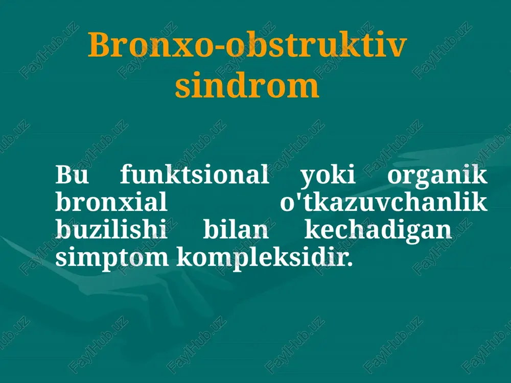kasallikning sababini bartaraf etishga qaratilgan bo'lishi kerak. bronxlarning drenaj funktsiyasini yaxshilash bronxodilatator terapiyasini o'tkazish yallig'lanishga qarshi terapiyani o'tkazish bronxo-obstruktiv sindromni davolash hayotning birinchi yilidagi bolalarda bronxobstruktiv sindromning o'ziga xos xususiyati yallig'lanish shishi va gipersekretsiyaning ustunligi hisoblanadi. bronxial drenaj funktsiyasini yaxshilash faol regidratatsiya, ekspektoran va mukolitiklarni o'z ichiga oladi. bronxo-obstruktiv sindromni davolash antitussiv preparatlarni buyurmang antigistaminlarni buyurmang bronxo-obstruktiv sindromni davolash bronxodilatator terapiyasi quyidagilarni o'z ichiga oladi: b2 -agonistlar antixolinergik dorilar qisqa ta'sirli teofillinlar va ularning birikmalari preparatni qo'llashning ingalatsiya shakllariga ustunlik berish kerak bronxo-obstruktiv sindromni davolash b2- agonistlar: salbutamol, terbutalin, fenoterol . yuqori selektiv, tez klinik ta'sirga ega. salbutamolning bitta dozasi 100-200 mkg, nebulizerdan foydalanganda - 2,5 mg. shoshilinch yordam ko'rsatishda bir soat ichida uchta ingalatsiyaga ruxsat beriladi bronxo-obstruktiv sindromni davolash antixolinergik preparatlar: ipratropium bromid (atrovent). nafas olishdan keyin 15-20 daqiqadan so'ng ta'sir qiladi, 40 mkg oraliq orqali yoki nebulizer orqali 8-20 tomchi (100-250 mkg) dozasi. orvi fonida bronxobstruktiv sindromholatida salbutamolga …
