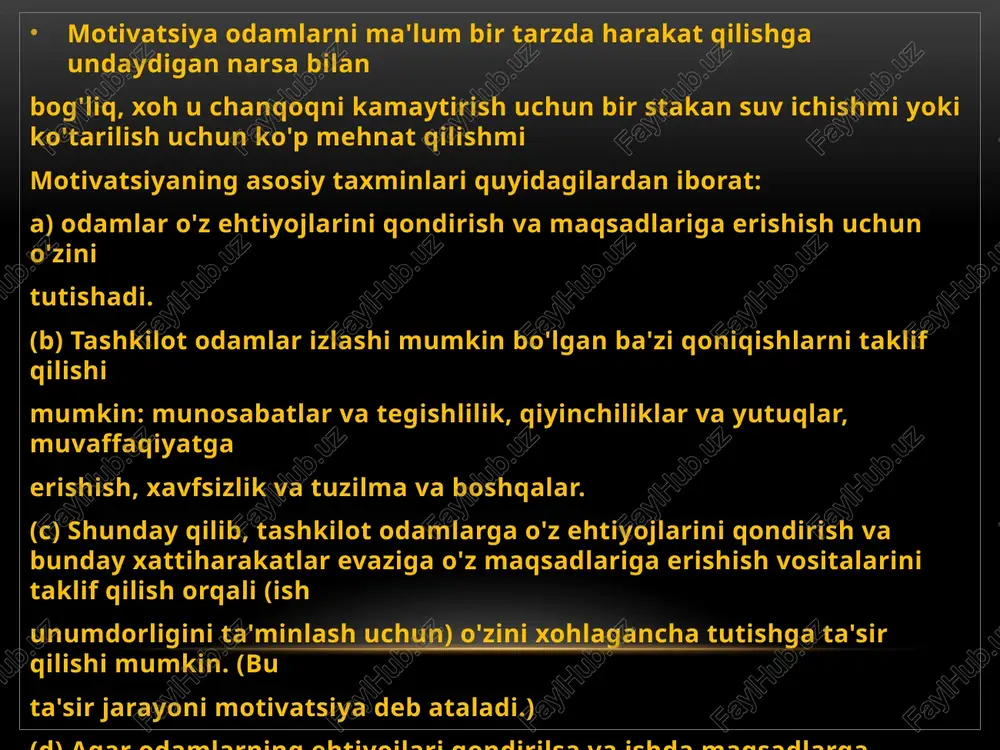 ndirishga intiladigan ehtiyojlar ierarxiyasini aniqladi motivator sifatida to'lov ish haqi gigiena omillarining eng muhimi, ammo uning motivatsiyaga ta'siri noaniq. to'lov muhim, chunki: • bu tashkilot uchun eng katta xarajat. • odamlar buni jiddiy qabul qiladilar: u insonning bir qator ehtiyojlari va maqsadlariga “qo‘ndiradi”. • bu huquqiy masala (eng kam ish haqi, teng ish haqi to'g'risidagi qonun hujjatlari). • bu tashkilotga zarur bilim, ko'nikma va tajribaga ega bo'lgan odamlarni jalb qilish va ushlab turish imkonini beradi. mukofot turlari tashkilot xodimlarga mukofotlar to'plamiga birlashtirilgan bir qator mukofotlarni taklif qilishi mumkin. taklif etilayotgan assortiment quyidagilardan bir qismini yoki barchasini o'z ichiga olishi mumkin. • asosiy ish haqi yoki ish haqi • qo'shimcha ish haqi (ehtimol, ishlagan soatiga qarab ish haqi oladigan xodimlar uchun) • ishlash bonusi •aksiya • birja optsionlari (aktsiyalarni arzon narxda sotib olish imkoniyati) • naturadagi imtiyozlar (masalan, kompaniya avtomobilidan shaxsiy foydalanish) • pensiya badallari • xizmat shartnomalari va tugatish to'lovlari …