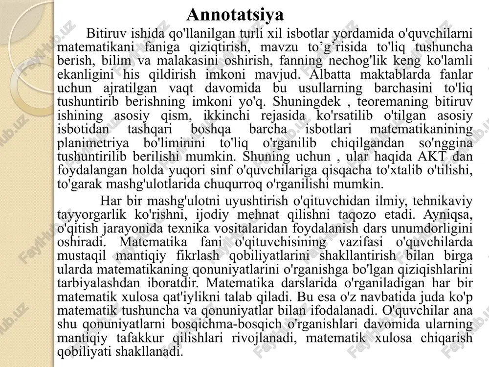 rivojlanadi, matematik xulosa chiqarish qobiliyati shakllanadi. a.avloniy nomidagi xttrmxqtmoi matematika fanini o’qitish huquqini berish yo’nalishi tinglovchisi doniyarov sunnatilla shomuratovichning “matematikada ilg‘or pedagogik tajribalarni o‘rganish va amalda qo‘llash” mavzusidagi bitiruv ishiga ilmiy rahbar xulosasi o’zbekiston respublikasi mustaqillikka erishgan kunlardan boshlab o’z munosabatlarini yanada mustahkamlash yo’lida ijtimoiy-iqtisodiy va madaniy muammolarni hal qilish uchun yuqori malakali kadrlar tayyorlsh masalasini davlat ahamiyatiga ega bo’lgan vazifalar darajasiga ko’taradi. ta’limni zamonaviy pedagogik texnologiyalar asosida tashkil etish tajribalaridan bizga ayonki, ta’limni tashkil etishning asosiy shakli dars bo’lib, unda fan bo’yicha ma’lum bilimlarning asosiy mazmuni tushuntiriladi. natijada jamiyat taraqqiyoti uchun zarur malakali kadrlar tayyorlashdek ta’limning bosh vazifasi o’z yechimiga ega bo’ladi. mamlakatimiz barcha fuqarolarining ijodiy tafakkuri va ijodkorlik faoliyatini rivojlantirish muhim dolzarb masala ekanligini hamma tan oladi. ammo, bu masala o’ziga xos jiddiy tadqiqot obyekti sifatida yaxshi tahlil qilinmagan. shu ma’noda hozirgi kunning muhim ijtimoiy ahamiyatga molik masalalardan biri – o’quvchilar texnik ijodkorligini rivojlantirish hisoblanib, u o’quvchilar ilmiy …