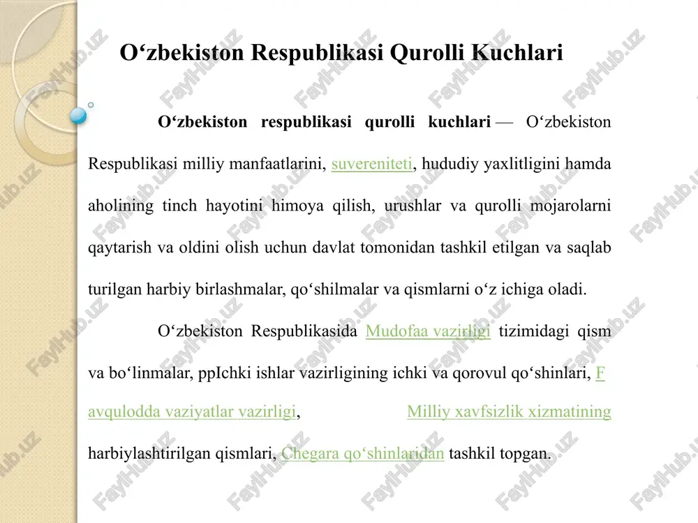 kiston rossiya (2-oʻrin) va ukraina (21-oʻrin)dan keyingi 3-oʻrinni band etgan. ozarbayjon (50-oʻrin), belarus (52), gruziya (64), qozogʻiston (80), estoniya (96), litva (103) oʻrin olgan. armaniston, moldova, latviya kabi mamlakatlar reytingga kiritilmagan. reytingga koʻra, aqsh armiyasi eng qudratli deb topilgan boʻlsa, rossiya va xitoy armiyasi kuchli uchlikdan oʻrin olgan. hindiston, buyuk britaniya, fransiya, germaniya, turkiya, janubiy koreya va yaponiya armiyasi esa kuchli oʻnlikka kirgan. qayd etish joiz, gfp’ning 2014 yilgi reytingida ham oʻzbekiston 48-oʻrinda borayotgan edi.[7] oʻzbekiston armiyasi 2015-yilga kelib oʻzbekiston armiyasi jahonning 106 mamlakati qurolli kuchlari oʻrin olgan jahon armiyalari reytingida 48-oʻrinni egallaydi.[4] bu haqda yangilangan global firepower reytingida axborot berilgan.[5] global fire power (gfp) maʼlumotlariga koʻra (ular 2014 yil martiga doir), oʻzbekiston ixtiyorida hozirgi vaqtda 420ta tank, 715ta btr (zirhli transport vositasi), 109ta raketa tizimlari, 69ta qiruvchi samolyot, 65ta vertolyot, xususan, 25ta hujumkor vertolyot va boshqa koʻplab qurol-aslahaga ega, qurol koʻtarib, armiyada xizmat qilishi mumkin boʻlgan aholisi soni esa …