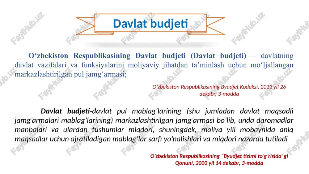 rlarining budjetlari kiradi. viloyatlar mahalliy budjetlari tuzilmasiga viloyat budjeti, tegishli viloyatlar tumanlari va shaharlarining budjetlari kiradi. toshkent shahar mahalliy budjeti tuzilmasiga shahar budjeti va shahar tarkibiga kiruvchi tumanlarning budjetlari kiradi. 35-modda respublika budjeti, qoraqalpog‘iston respublikasi budjeti, toshkent shahar budjeti, 12 ta viloyatlar budjeti, 199 ta tuman va shaharlar budjeti va qariyib 47 mingta budjet tashkilotlarini o‘zida mujassamlashtiradi. budjet tizimi: davlat budjeti 100 % davlat budjeti tuzilmasi davlat maqsadli jamg’armalari 32 % mahalliy budjeti 40 % respublika budjeti 28 % tuman budjeti 70 % viloyat budjeti 30 % budjet tasnifi tushunchasi budjet tizimi budjetlarining daromadlari va xarajatlari, shuningdek davlat budjeti taqchilligini qoplash manbalarini guruhlashdan iborat bo‘lib, budjet tizimi budjetlarini shakllantirish, tuzish va ijro etishni tizimlashtirish uchun foydalaniladi. budjet tasnifi budjet tasnifining tarkibi budjet tizimi budjetlari daromadlarining tasnifini budjet tizimi budjetlari xarajatlarining tasnifini davlat budjeti taqchilligini qoplash manbalari budjet jarayoni budjet tizimi budjetlarini shakllantirish, tuzish, ko‘rib chiqish, qabul qilish, tasdiqlash va ijro …